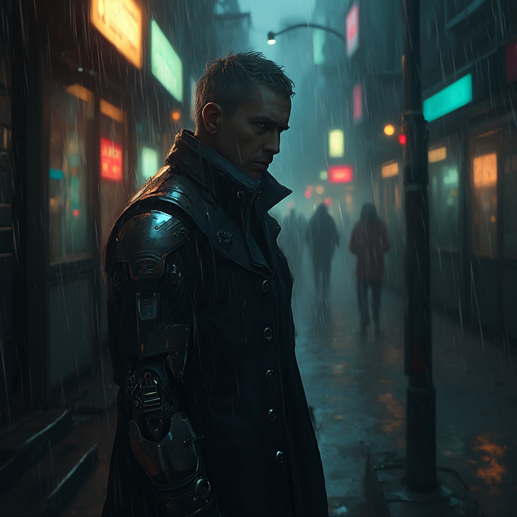 AI generated image by FLUX-Realism-Lora: A brooding cybernetically enhanced detective, half man half machine, stands in a rain-soaked alleyway. This image is a hyper-realistic digital painting, showcasing every rivet and circuit in intricate detail. his metallic arm gleams in the dim light, reflecting the neon signs of a futuristic city. The shadows cling to his face, highlighting the glowing eyes and the faint hint of a grimace. The scene exudes a sense of gritty realism, drawing viewers into the dark and moody world of the anime.
