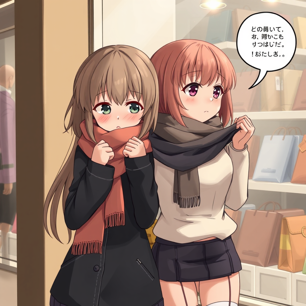 AI generated image by FLUX.1-schnell: Two anime girls are shopping, The girl on the left was about to move forward, but the girl on the right grabbed her scarf, stopping her from moving forward. Her expression showed a bit of embarrassment and helplessness. The girl on the right held her scarf with her right hand, put her left hand on her waist, and looked at the goods in the window, staring at them, as if thinking: I'm going to buy this. in the style of fantasy art painting.