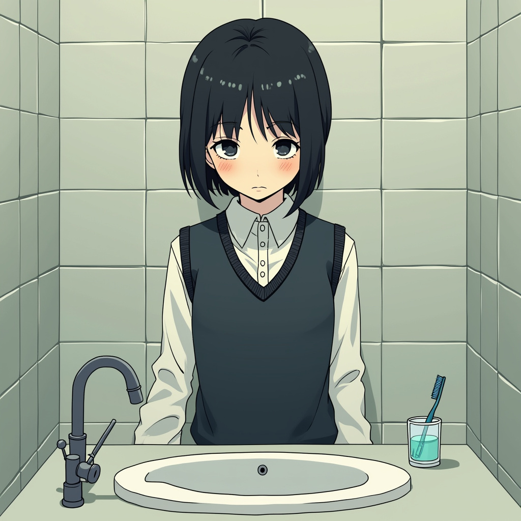 AI generated image by FLUX.1-pro: Omocat's omori game artstyle, The image depicts a young person standing behind a bathroom sink, their expression somber. Their dark hair is neatly styled, and they are dressed in a white shirt with a dark vest. The tiled walls behind them are plain and featureless, creating a sense of isolation. The only other elements in the scene are a toothbrush and a glass on the counter, suggesting a routine that the individual may find difficult to engage in. The overall mood of the image is melancholic, hinting at a sense of loneliness or sadness. The subdued colors and minimalist composition further contribute to the somber atmosphere.  The image leaves room for interpretation, inviting viewers to consider the inner thoughts and feelings of the subject.