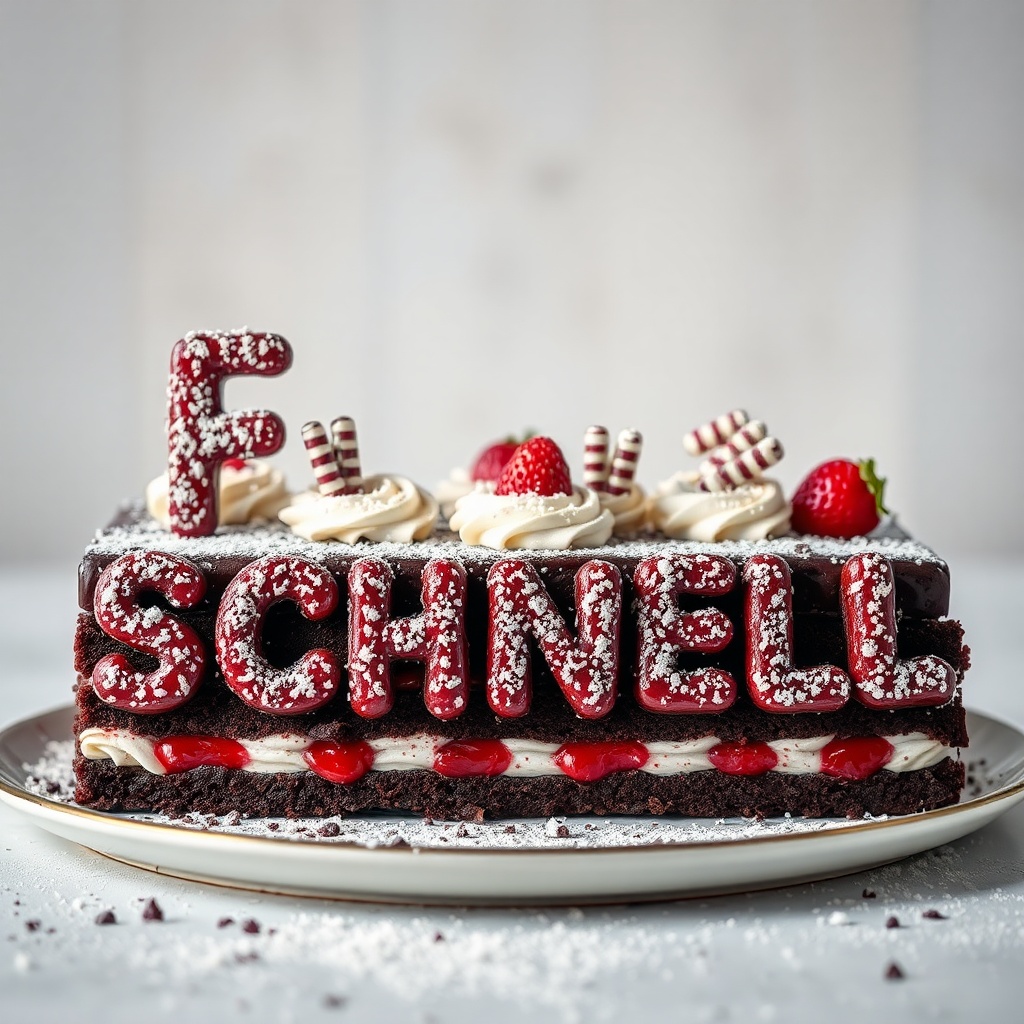 AI generated image by FLUX.1-schnell: black forest gateau cake spelling out the words "FLUX SCHNELL", tasty, food photography, dynamic shot