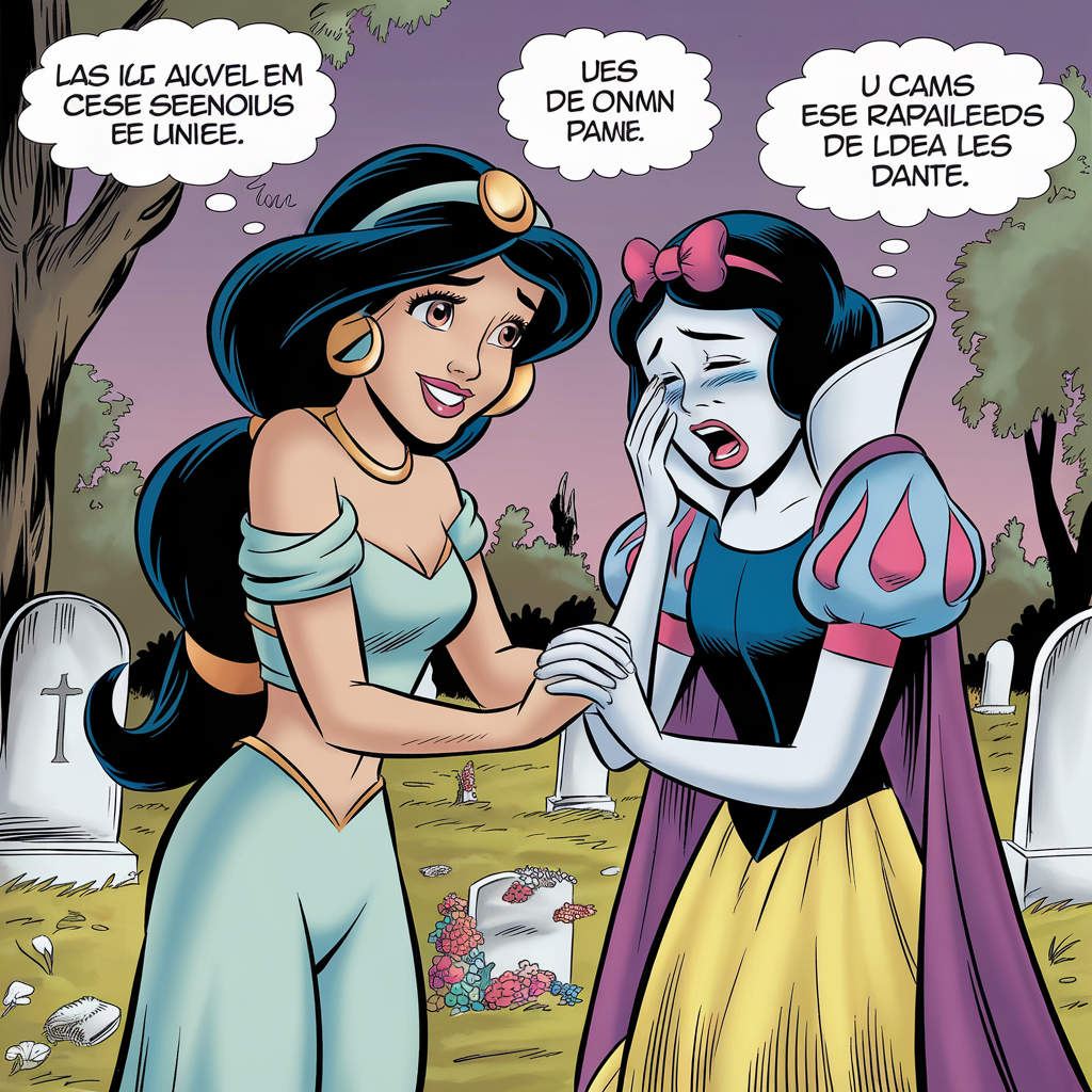 AI generated image by ideogram 2.0: Lesbians princesse jasmine happy hug hands the heade princesse snow white very crying Wail hug the arms princesse jasmine cemetery funeral amoureuse et se discuter réconforter sa femme se parler dans des bulles de bandes dessinées française