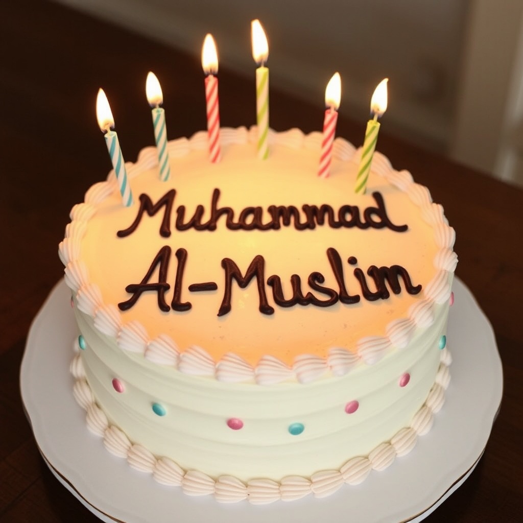 AI generated image by FLUX.1-schnell: Make a picture of a birthday cake with this name creatively written on it 
Muhammad Al-Muslim