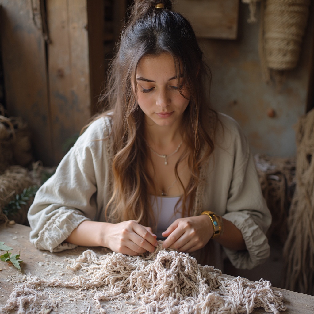 AI generated image by FLUX-Realism-Lora: técnicas artesanales, Bogota, terapeuta, croché, artesanía, plataforma de aprendizaje, alumnos, 20 años de edad, enseñar, macramé, fique, algodón, lana, estrés, habilidades motoras
