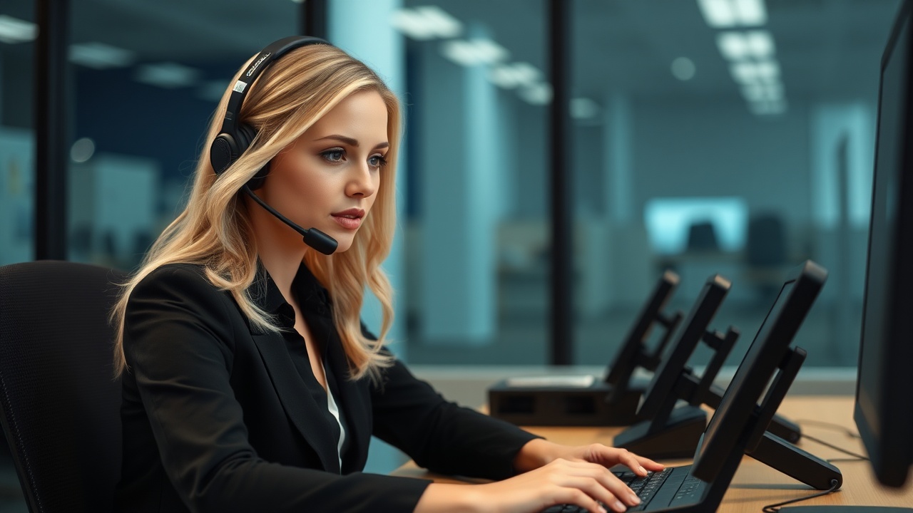 AI generated image by FLUX.1-schnell: bored blonde call center agent wearing a headset with 5 phones ringing on her desk