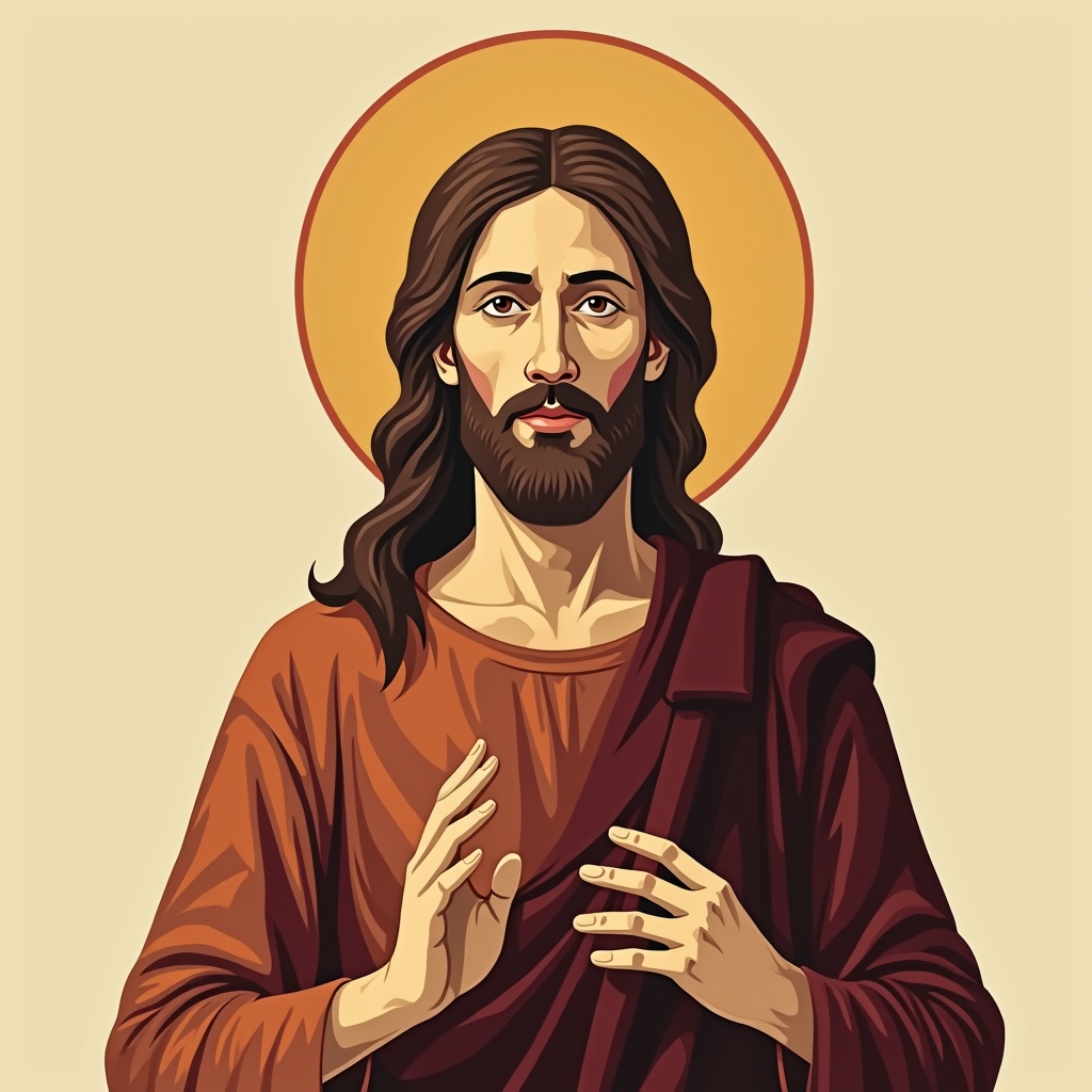 AI generated image by FLUX.1: The image features a style reminiscent of ancient or classical art, particularly influenced by religious iconography. The use of earthy tones, flat colors, and strong outlines suggests a connection to historical traditions, possibly akin to Byzantine or early Christian art use only flat colors The stylization of the figure, with an emphasis on facial features and symbolic gestures, also contributes to a sense of spirituality or reverence. Overall, it represents a blend of ancient aesthetics with a contemporary artistic interpretation.