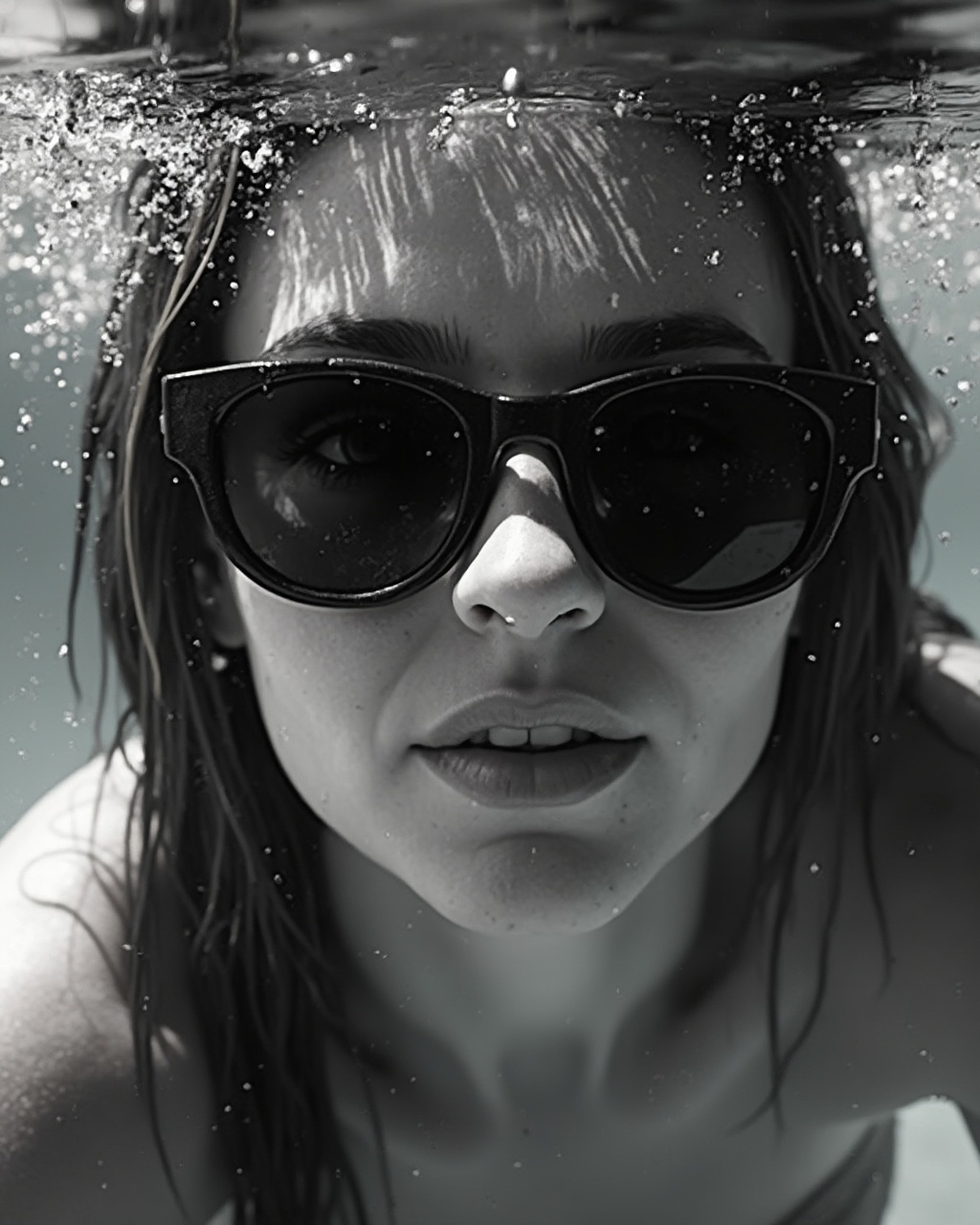 AI generated image by FLUX-Realism-Lora: black and white close-up underwater photo of a very wet beautiful woman half-face with sunglasses below water level. Backlight 