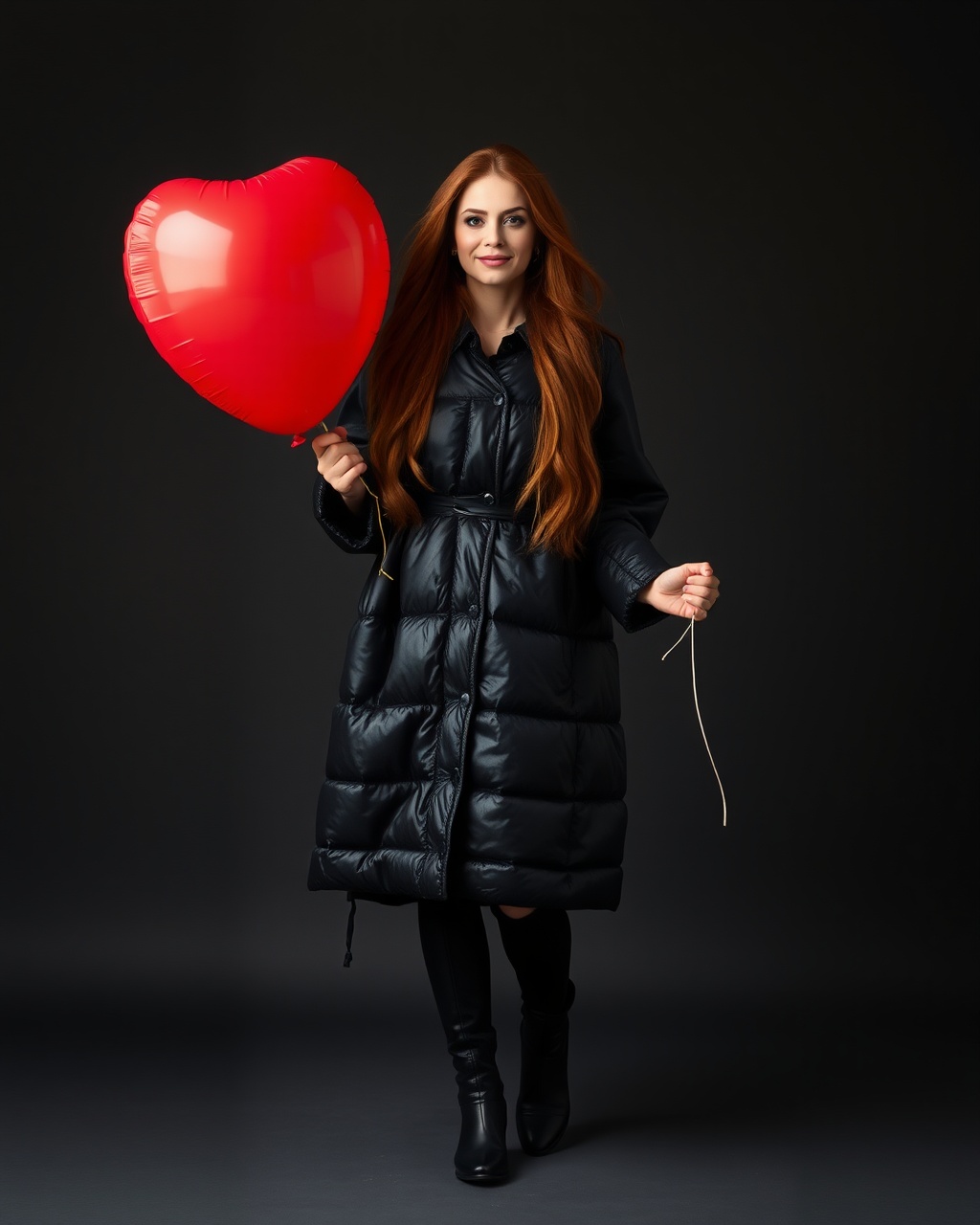 AI generated image by FLUX.1-schnell: Erstelle ein fotorealistisches Bilder einer Frau mit langen roten Haaren. Sie trägt einen schwarzen glänzenden Daunenmantel und schwarze Stiefel. In der Hand hält sie an einer Schnur einen großen roten Heliumballon.