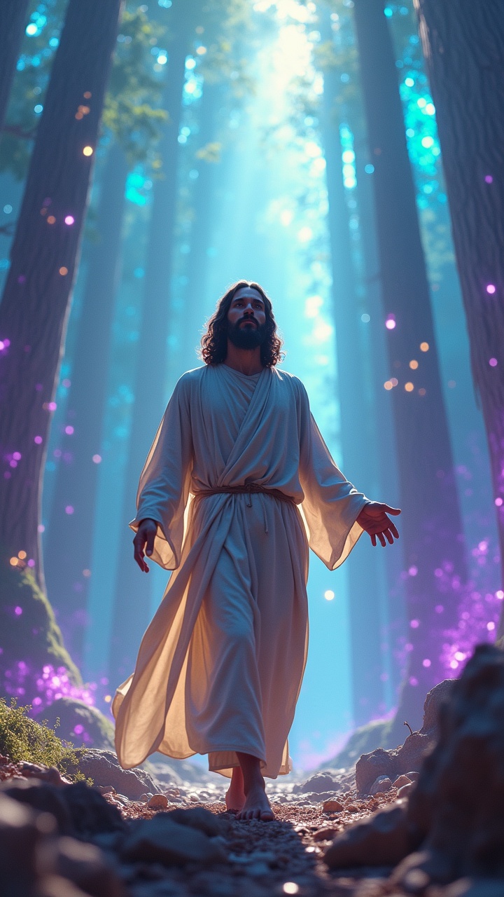 AI generated image by FLUX.1: Jesus Christ, depicted with olive-toned skin, dark wavy hair, and a short beard, walks gracefully through a towering forest of glowing crystals. Each crystal refracts light in vibrant blues, purples, and greens, creating a kaleidoscope effect. He wears a white robe that shimmers faintly with the crystal reflections, and His hands are extended as if feeling the energy of the forest. The camera begins with a wide, aerial view of the surreal landscape, transitioning to a mid-level tracking shot as Jesus moves forward. Soft natural light filters through the translucent crystals, enhanced by subtle lens flares. Render in 4K, emphasizing hyper-realistic textures and vibrant color grading.