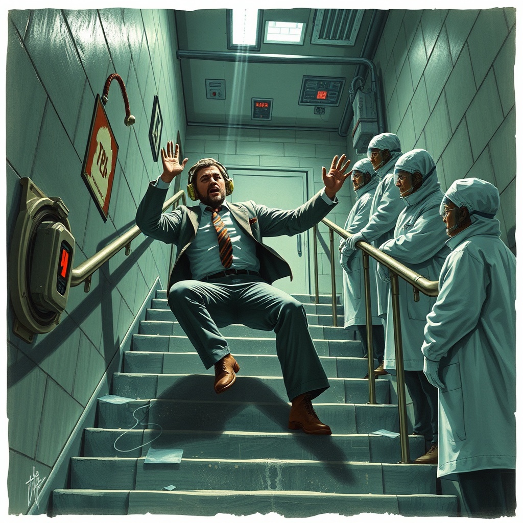 AI generated image by FLUX.1-schnell: Gordan Freeman from half-life Falls down flight of stairs while scientists watch in horror