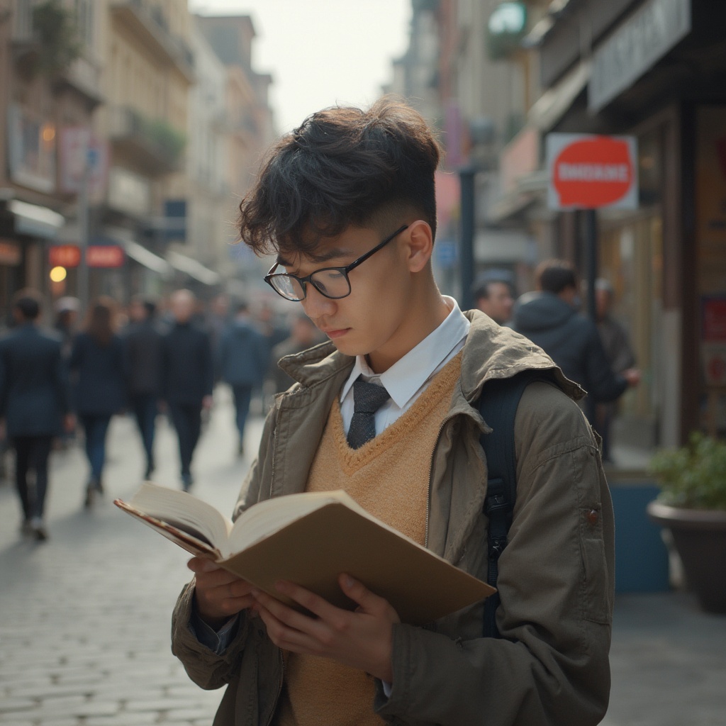 AI generated image by FLUX-Realism-Lora: neutral young student reading and makin science in a street, and people lucking they, realistic quality
