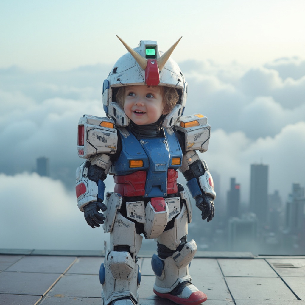 AI generated image by FLUX-Realism-Lora: A cute baby, wearing the model armor of the character RX-93F00 in GUNDAM, standing above the city, with a glass building surrounded by clouds in the background, smiling happily, a full-body close-up from the front, with city buildings in the distance, a blurred background, bright colors and full of childish fun