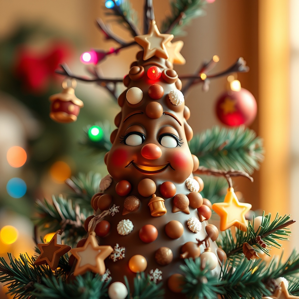 AI generated image by FLUX.1-schnell: A animation and festive chocolate Christmas tree with colorful lights and ornaments. The tree is crafted entirely from chocolate, with textures that represent dark, milk, and white chocolate. The branches are detailed, adorned with small chocolate stars, bells, and other decorations. The warm background enhances the cozy holiday atmosphere, with gentle lighting highlighting the glossy and matte finishes of the chocolate. The scene radiates joy and warmth, perfectly embodying the spirit of Christma. with face and so happy and life
