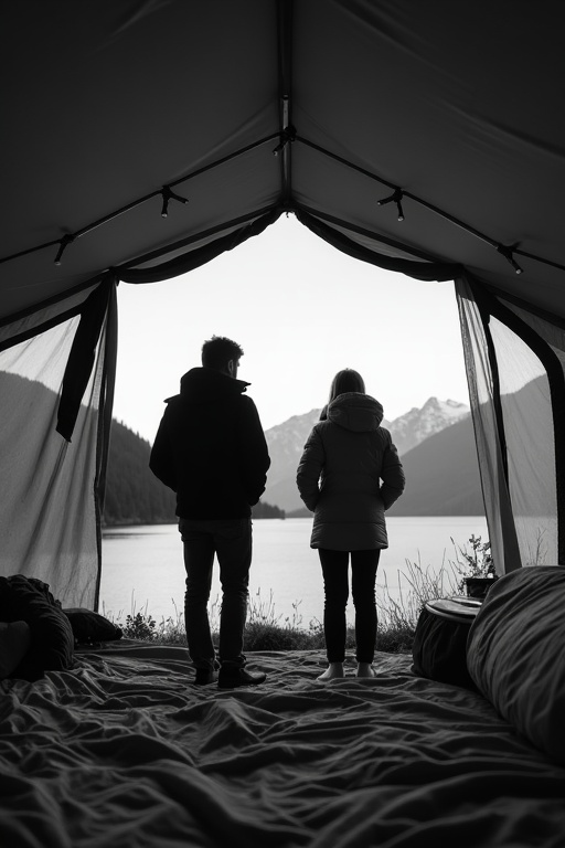 AI generated image by FLUX.1-image-to-image: The black and white photo of standing inside a tent, facing a scenic view of a lake and mountains, with their back to the viewer.

