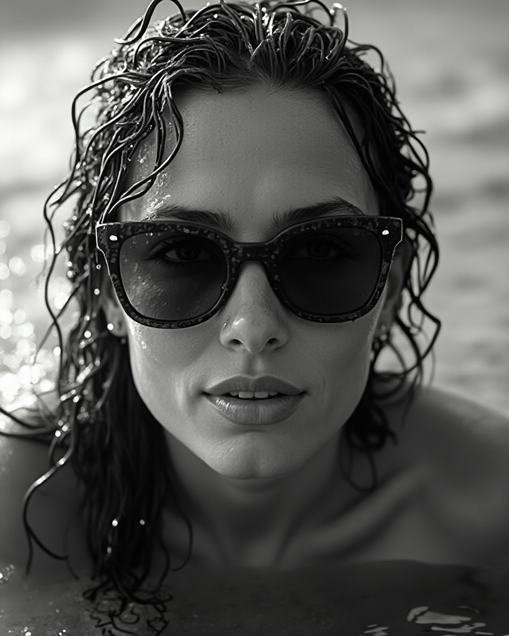 AI generated image by FLUX-Realism-Lora: black and white close-up photo of a very wet face of a beautiful woman in sunglasses coming out of the water towards the camera. water dripping off her glasses and face. Water level at her nose