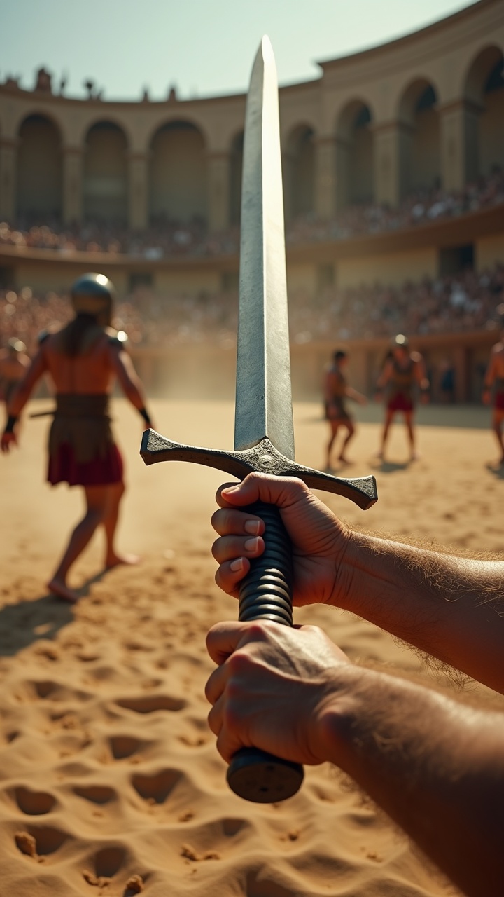 AI generated image by FLUX.1: 
"Ultra-realistic, 8K, cinematic first-person perspective during a gladiator battle in a Roman arena. The view is through the character’s own eyes, with strong, weathered hands gripping a sword tightly. Bare feet are visible on the sandy ground, with dust and dirt kicking up around them. The angle must strictly remain in first-person, avoiding any third-person or wide-angle shots. The intensity of the scene is captured with the sword in motion, blurred crowds in the background, and the harsh natural sunlight casting sharp shadows. HDR lighting highlights every gritty detail, delivering a truly immersive and dynamic perspective."



