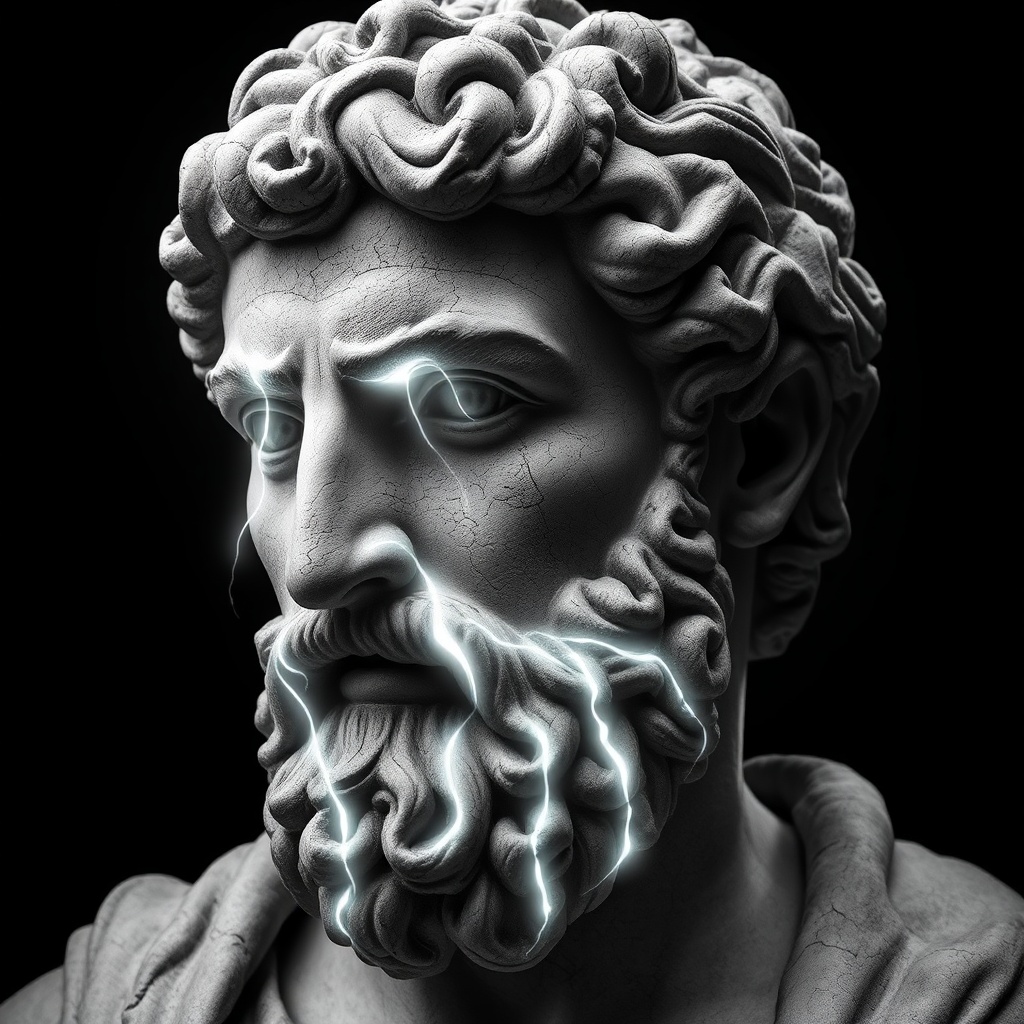 AI generated image by FLUX.1-schnell: The image portrays a striking depiction of a historical stone-carved bust of a man, reminiscent of classical representations such as Marcus Aurelius. The figure is rendered entirely in monochromatic black and white tones, emphasizing the texture of the chiseled stone with its fine cracks, weathered grooves, and intricate details.

The man’s facial features exude an aura of dignity and contemplation: a pronounced chin, voluminous, curly hair, and a dense, meticulously carved beard. However, the most captivating feature is his eyes. Instead of lifeless stone, they emit a dazzling, otherworldly white light.

This light appears to flow like liquid, slowly spilling from the eyes and tracing delicate, almost organic paths down the statue’s face. These glowing streams seem to leave faint trails, as if the light itself is transforming or "animating" the stone. The radiant lines stand in sharp contrast to the deep shadows carved into the crevices and folds of the face, accentuating the sculpture’s dramatic contours.

The overall atmosphere of the image is mystical and timeless, as if the man—symbolizing wisdom and power—has emerged from eternity to convey a profound message. The stark black-and-white palette adds a sense of gravity and symbolism, while the flowing light from the eyes imbues the image with a surreal, almost divine quality.
