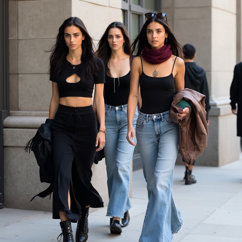 AI generated image by FLUX-Realism-Lora: Three young women are walking outdoors, with two prominently featured in the foreground. The woman on the left wears an all-black ensemble consisting of a black short-sleeved top with a cutout detail, a long black skirt with a side slit, and black lace-up combat boots. She carries what appears to be a black jacket or outer layer draped over her arm.
The woman in the center wears a casual outfit featuring a black tank top, light wash wide-leg jeans, and what appears to be black shoes or boots. She accessorizes with a burgundy red scarf around her neck, a pendant necklace, and sunglasses perched on top of her head. She carries a brown jacket and what appears to be a small bag or container with a green element to it.
In the background, partially visible, is a third person wearing black clothing. The setting appears to be an urban environment, with what looks like a concrete or stone wall or pillar visible. The lighting suggests this is taken during daytime, and the casual nature of their dress and movement suggests they may be walking between activities or leaving a location.
All three individuals have long dark hair, and their styling and clothing choices reflect a contemporary, casual urban fashion aesthetic. The image captures them mid-stride, giving it a candid, street photography quality.