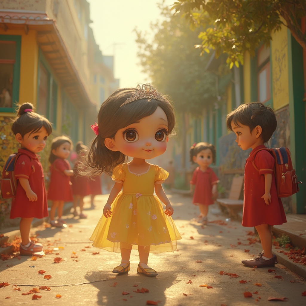 AI generated image by FLUX-Realism-Lora: A hyper-realistic outdoor scene in a colorful school yard under the warm, golden sunlight. In the center is a person dressed as a modest and youthful princess character inspired by Disney, who appears as a girl, with a slightly large head that enhances her whimsical and endearing appearance. Her dress is simple but elegant, with soft pastel colors and delicate details that reflect innocence and charm. She wears a small, modest tiara and her expression is gentle and welcoming, blending in perfectly with the cheerful and down-to-earth surroundings. Around her are real student children in red or yellow uniforms, who interact with her with curiosity and enthusiasm, letting their emotions shine through. The background features vividly painted school buildings, lush greenery and textured surfaces, creating a harmonious mix of realism and subtle magic. The lighting is warm and dramatic, evoking the narrative style realistic
