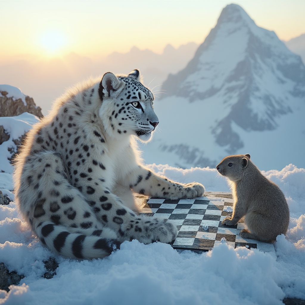 AI generated image by FLUX-Realism-Lora: A majestic snow leopard, dressed in a pristine white coat, takes part in an unusual game of chess with a playful capybara on the summit of towering Mount Everest. The snow-covered peak serves as a breathtaking backdrop, with the sun setting behind, casting a warm, golden glow on the scene. The checkerboard, a stark contrast to the snow, adds an element of surrealism to this high-altitude encounter. all details and levels with extreme 4k quality and texture with 1000 megapixels allocated.