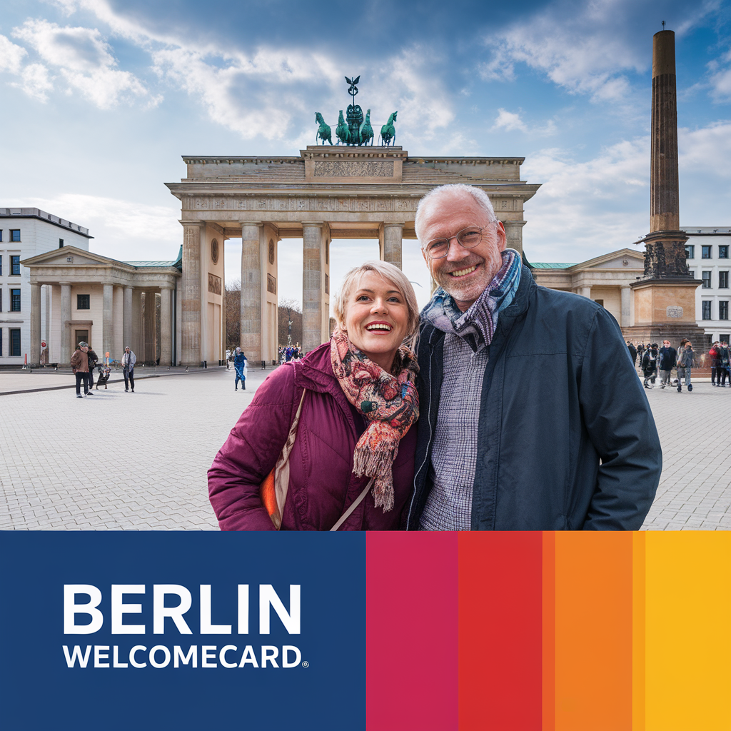 AI generated image by ideogram 2.0: Create a poster for the Berlin WelcomeCard. Look for the logo and inlcude it in the Poster. The poster should include a best ager couple enjoing a city trip to Berlin. Use the color scheme of the Berlin WelcomeCard as found on www.berlin-welcomecard.de