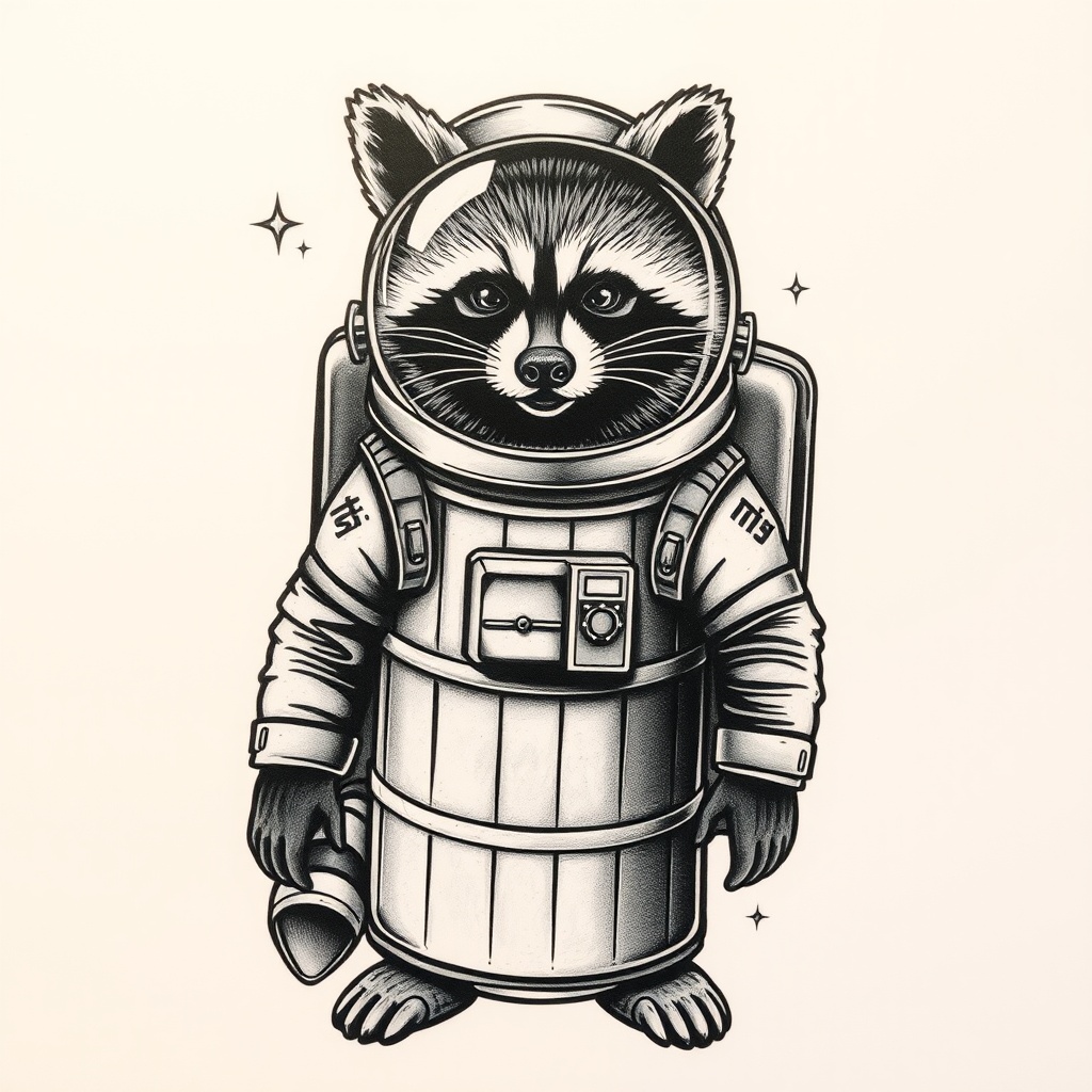 AI generated image by FLUX.1-schnell: Raccoon astronaut, wearing a trashcan as a spacesuit, tattoo style