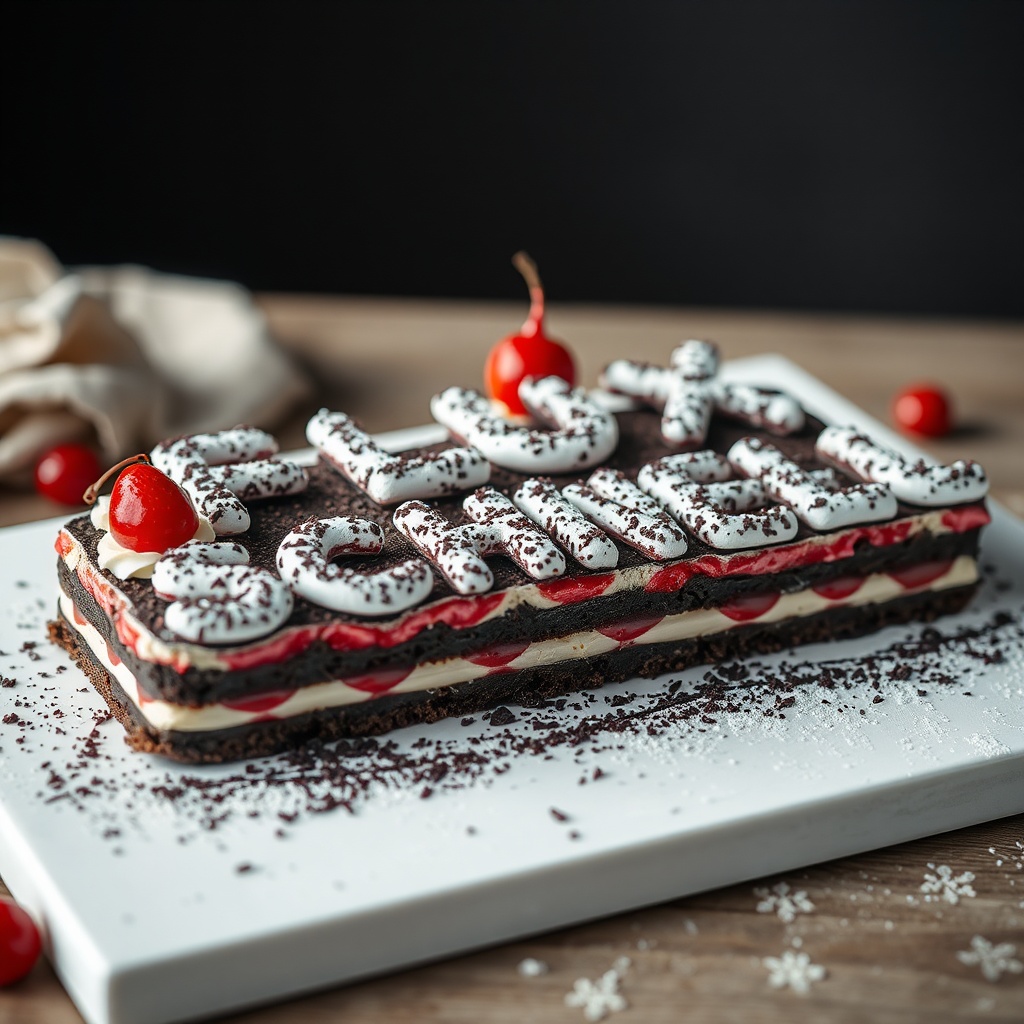 AI generated image by FLUX.1-schnell: black forest gateau cake spelling out the words "FLUX SCHNELL", tasty, food photography, dynamic shot
