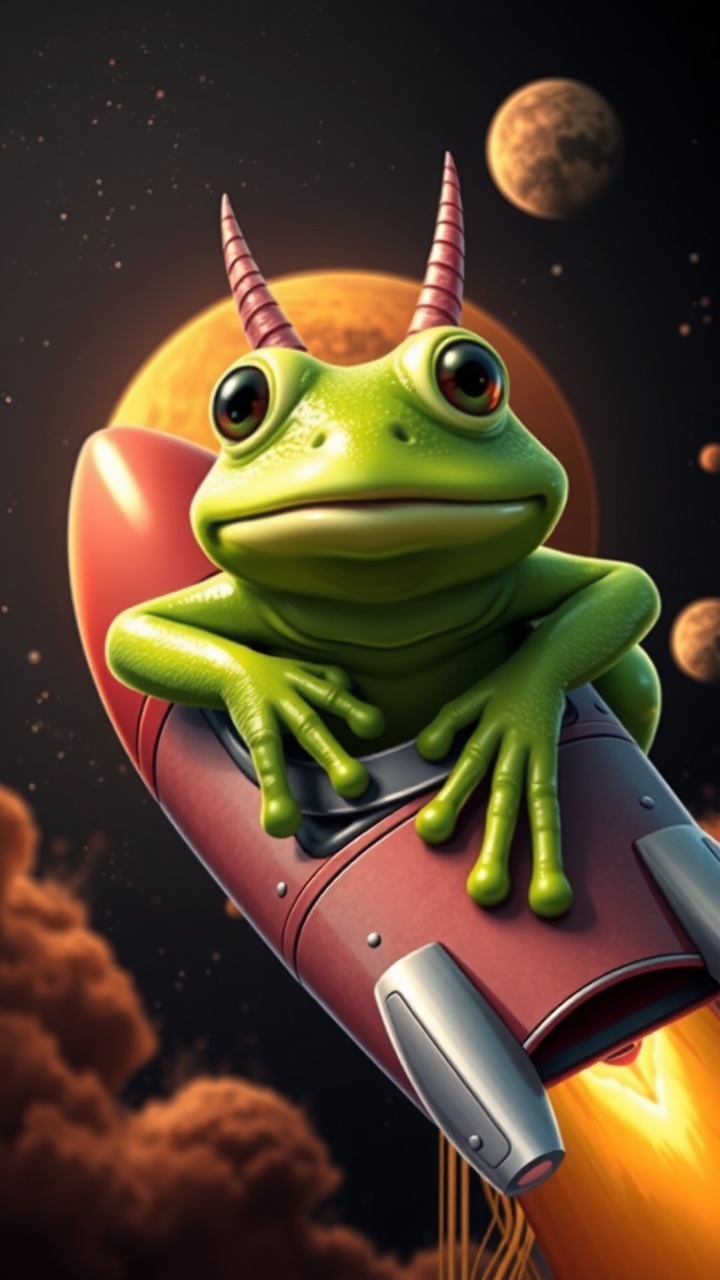 AI generated image by FLUX.1-schnell: Generate a picture of Pepe The Frog with 2 horns on his head and all green in color, lying on a rocket going to Mars.