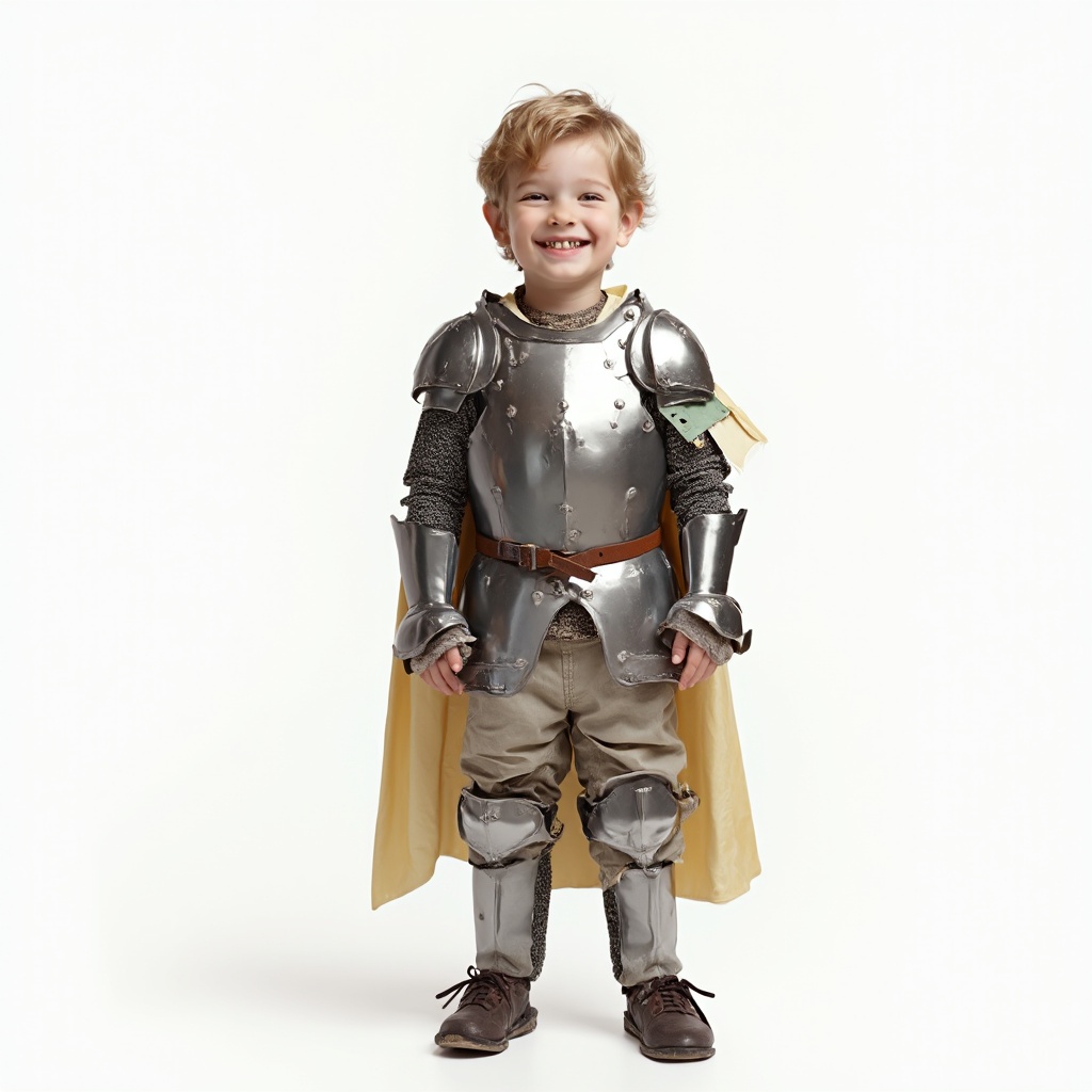 AI generated image by FLUX-Realism-Lora: A photorealistic image of a young child with white skin, standing proudly and smiling in a creative, homemade costume made entirely from hardware store materials. 
The costume is slightly rough but full of creativity, showing visible tape, paint, and hand-crafted details, giving it a charming DIY feel. The child has a joyful and confident expression, standing in a proud knightly stance, excited for the school party tomorrow.
The background is completely white, making the image clean and professional while focusing on the child and their homemade armor. The lighting is soft and even, enhancing the realistic and high-quality photography effect. The image should be ultra-realistic, capturing every detail of the materials, facial features, and textures to create a charming, lifelike scene
