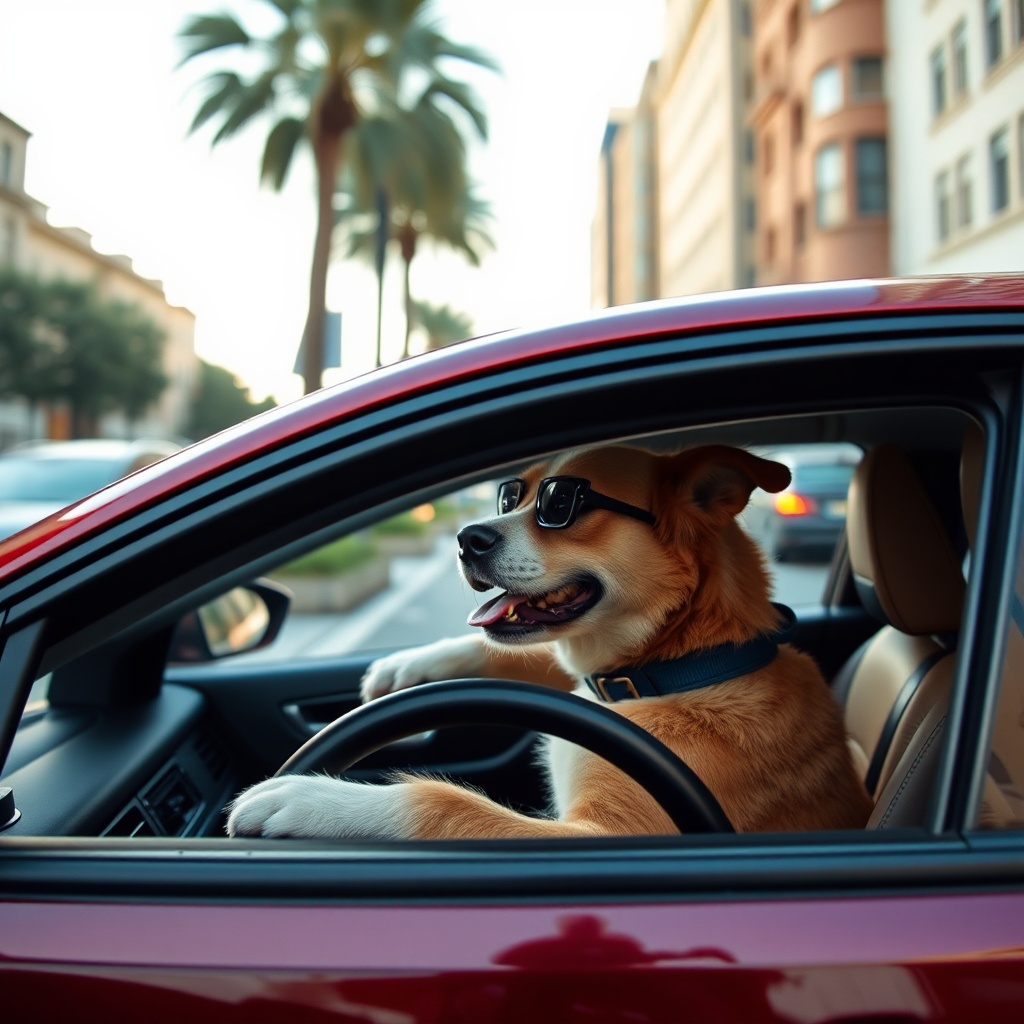 AI generated image by FLUX.1-schnell: Dog driving a car on a stylish city road.