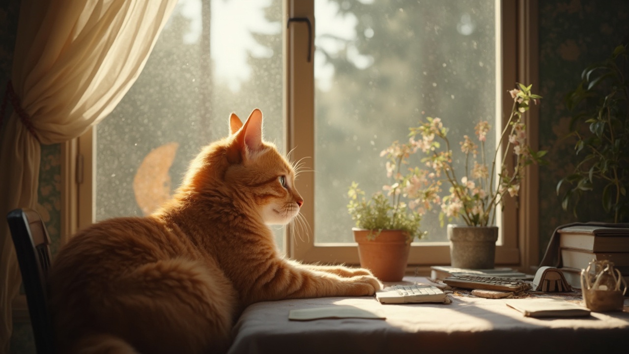 AI generated image by FLUX-Realism-Lora: un gato de color naranja usando la computadora y se ve atras una ventana, se nota arboles