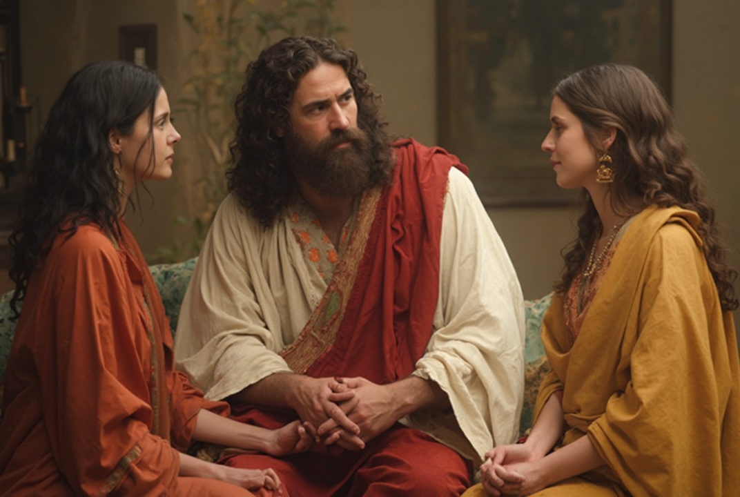 AI generated image by FLUX-Realism-Lora: Jesus from the Bible with a beard and short mustache dressed in white, red and yellow colors, comforting two women who have lost their brother with a setting from his time