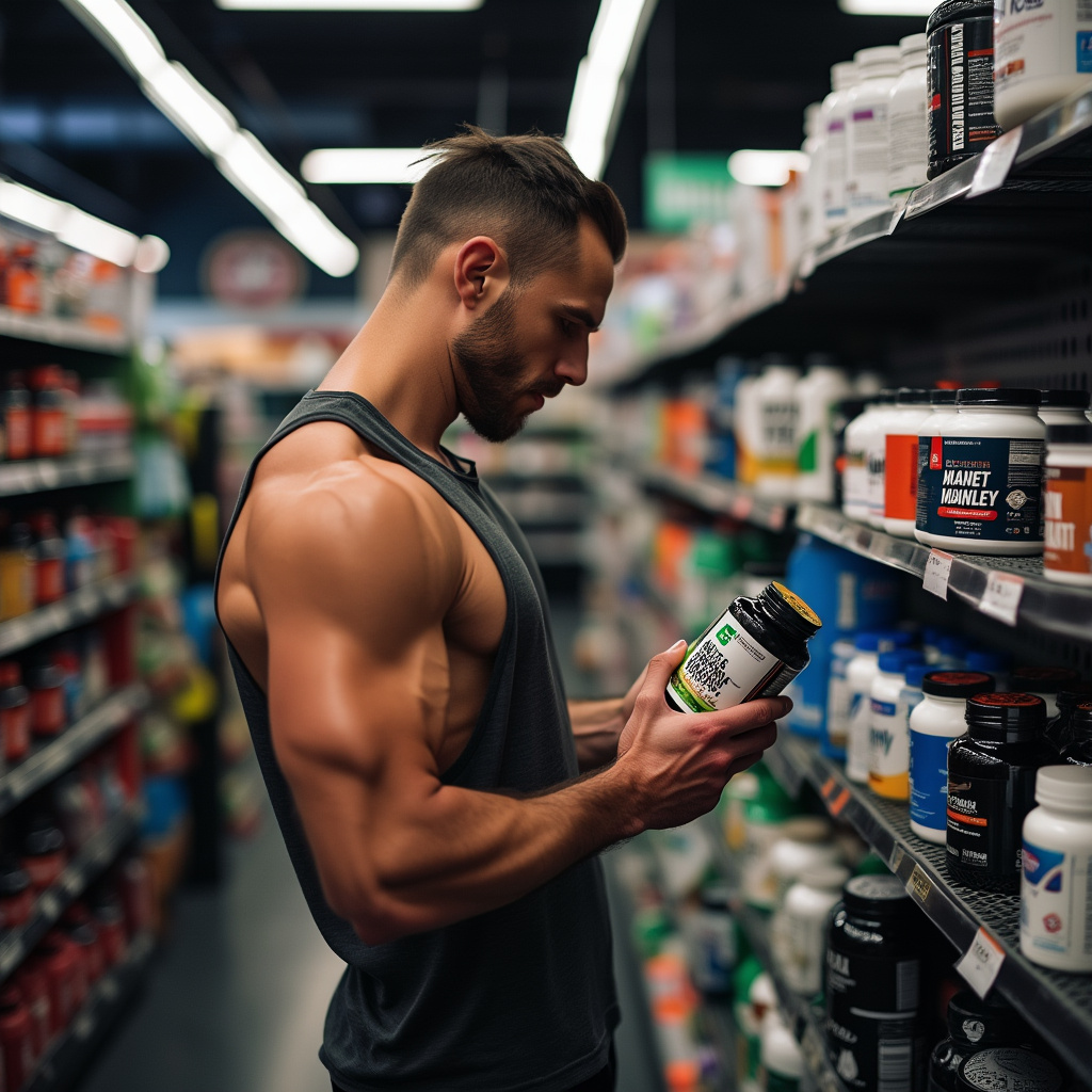 AI generated image by FLUX.1-pro: shopping at a male bodybuilding supplements store