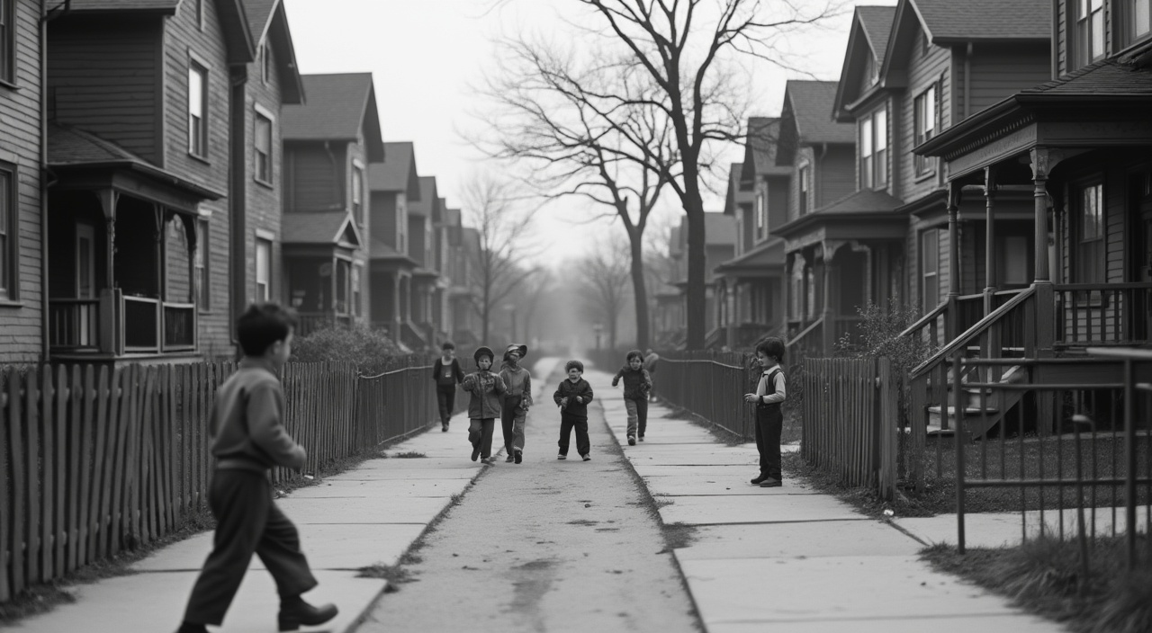 AI generated image by FLUX.1-pro: 1.	"Fotografía en blanco y negro de un vecindario de clase media en Queens, Nueva York, en los años 40, con casas tradicionales y niños jugando en la calle