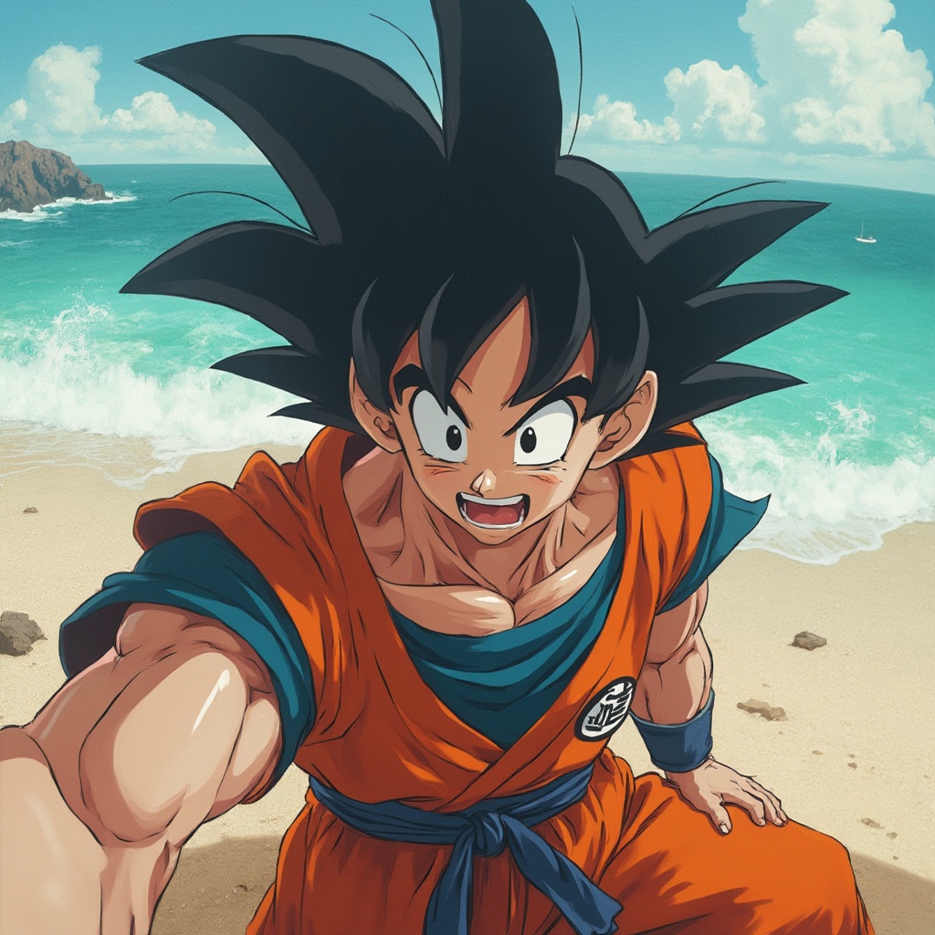 AI generated image by FLUX-Realism-Lora: Crie uma imagem realista do Goku, personagem da Série Dragon Ball Z, tirando uma Selfie, na placa João pessoa, que existe na orla do cabo branco, na cidade de João Pessoa na Paraiba