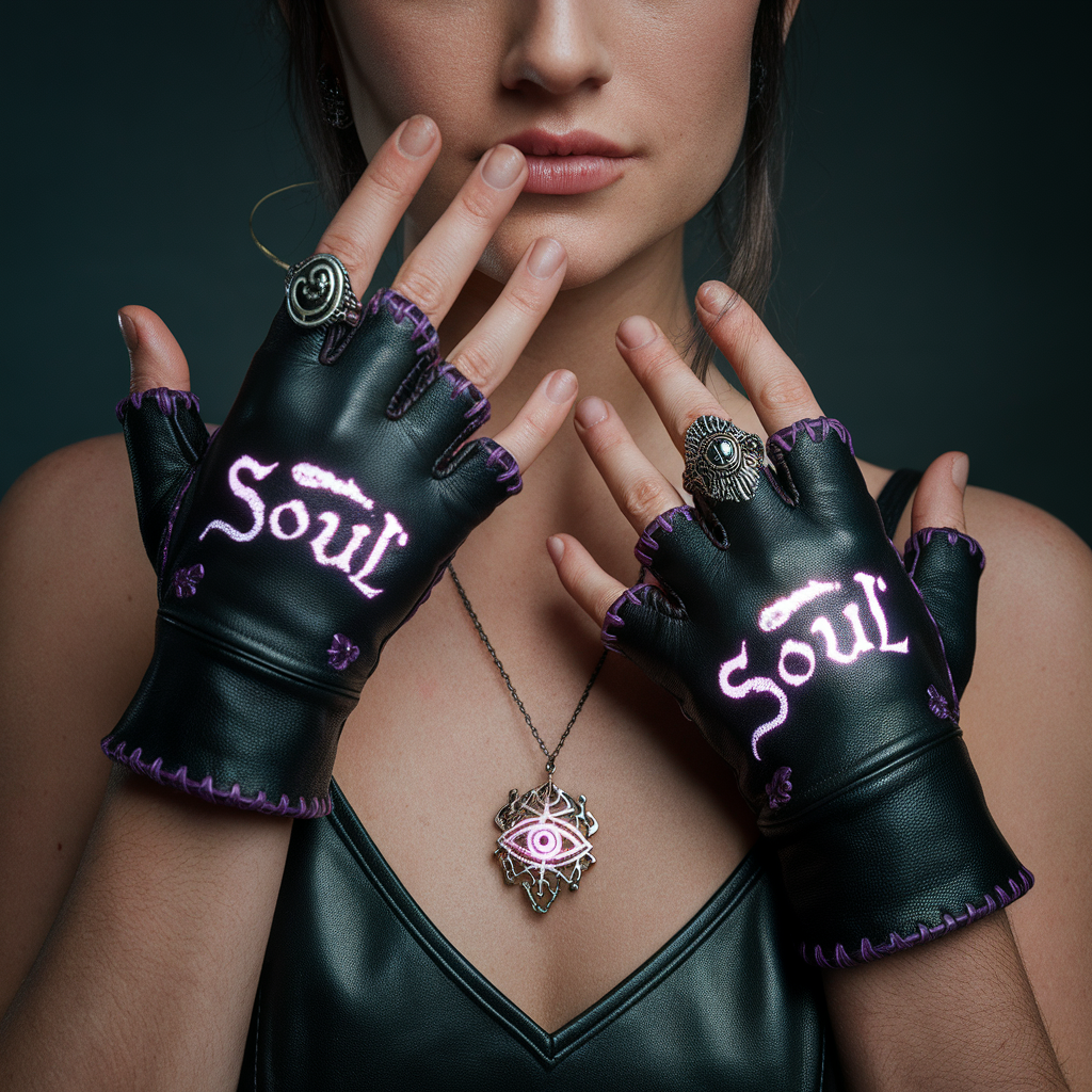 AI generated image by ideogram 2.0: Gloves: Fingerless gloves in black leather with dark purple stitching and glowing "Soul" prints on the back.

Necklace: A pendant featuring a glowing eye or mystical symbol (matching the logo) on a black chain.

Rings: A few bold rings with occult-inspired designs (e.g., dragons, triangles, or glowing gems).

Cape (Optional): A short, flowing cape in dark purple with a "Soul" print on the inside, adding movement and drama to the look.