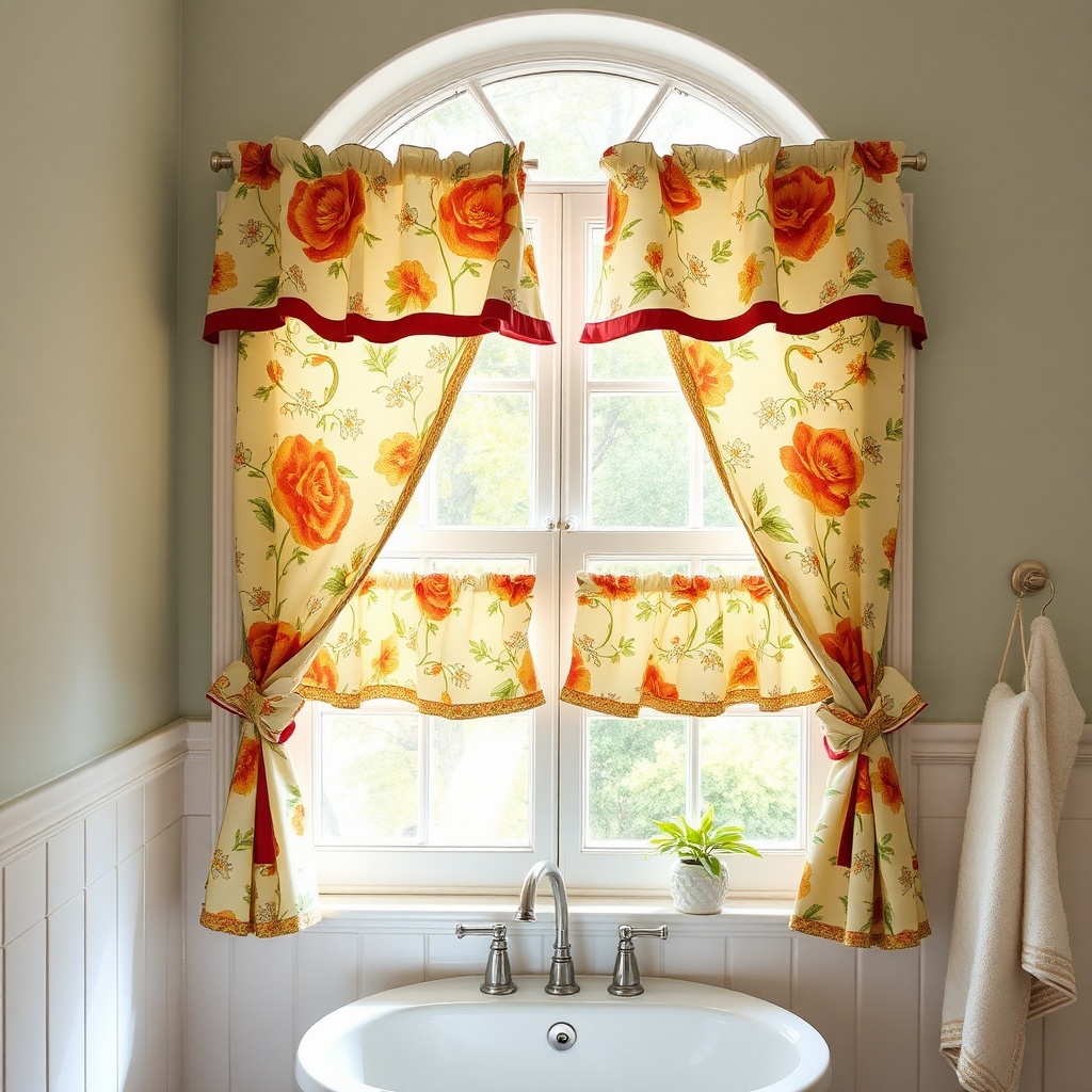 AI generated image by FLUX.1-schnell: a bathroom window with cheery cafe curtains covering only the lower portion