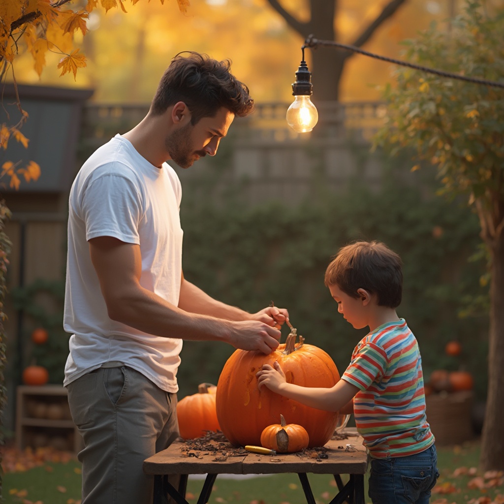 AI generated image by FLUX-Realism-Lora: Generate a photorealistic image of a tall, slim man in his early thirties and his 6-year-old son, both seen from behind, as they carve a pumpkin together at a table in their backyard garden. The man, standing around 6'3" (1.90 m) with a slim, athletic build and slightly wavy dark brown hair, neatly styled, wears a casual white T-shirt and light gray trousers. The boy, who reaches about his father’s waist, has short, dark brown hair and is dressed in a colorful T-shirt and jeans. They are both focused on carving the pumpkin, which sits on the table between them, with carving tools and pumpkin seeds scattered around. The garden is filled with fall foliage, and there are small decorations hinting at Halloween. The scene is bathed in warm, natural light, exuding a cozy, festive atmosphere, capturing a lighthearted moment of father-son bonding and a single overhead light casting shadows.