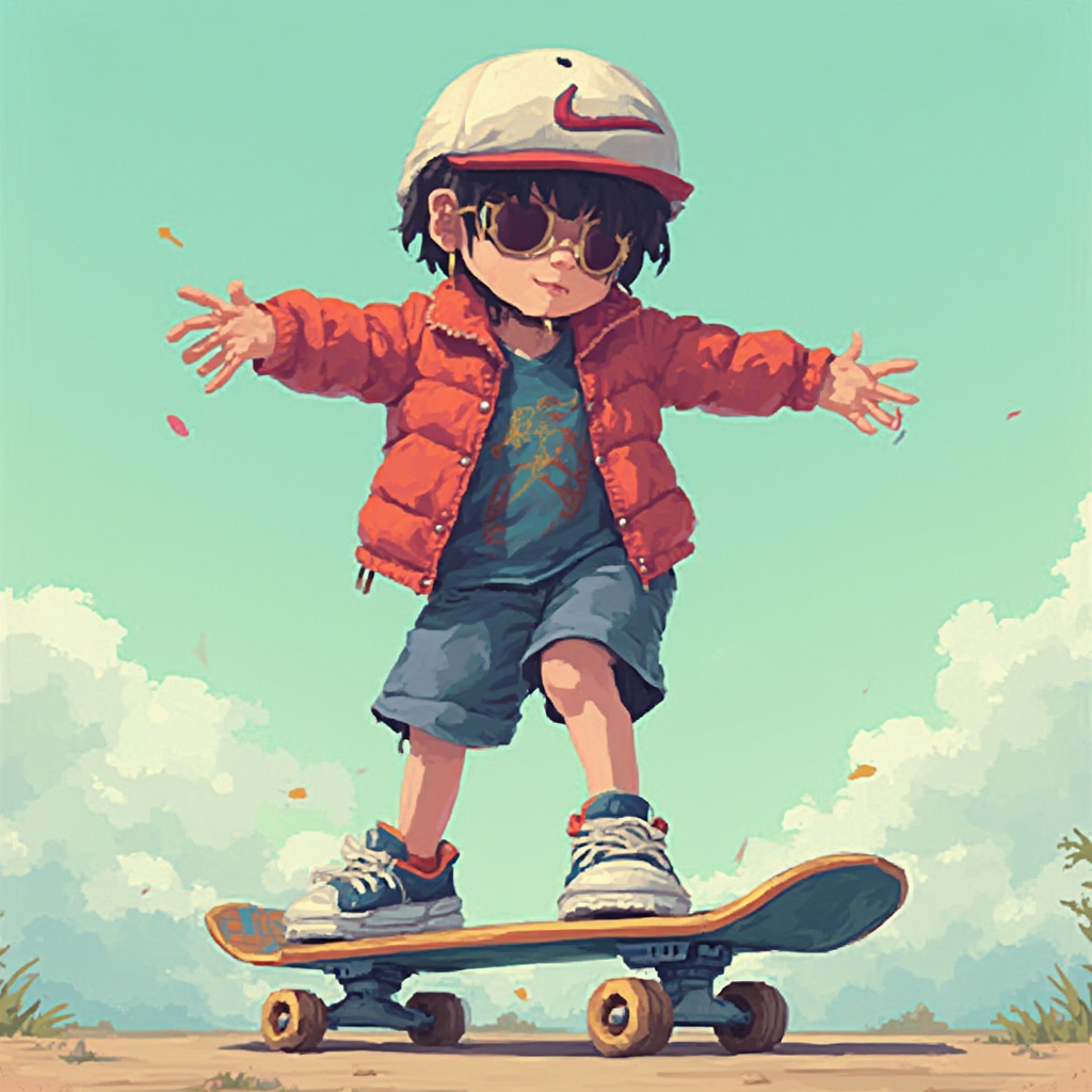 AI generated image by FLUX-Realism-Lora: 8 bit pixel style skateboarder 