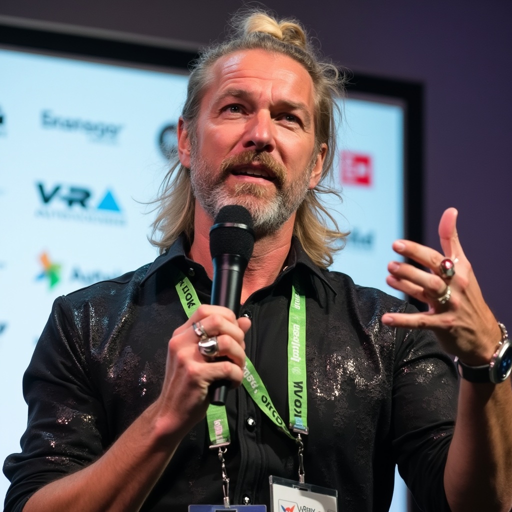 AI generated image by FLUX-Realism-Lora: A charismatic speaker is captured mid-speech. He has long, slightly wavy blonde hair tied back in a ponytail. His expressive face, adorned with a salt-and-pepper beard and mustache, is animated as he gestures with his left hand, displaying a large ring on his pinky finger. He is holding a black microphone in his right hand, speaking passionately. The man is wearing a dark, textured shirt with unique, slightly shimmering patterns, and a green lanyard with multiple badges and logos hanging around his neck. The lanyard features the "Autodesk" and "V-Ray" logos prominently. Behind him, there is a blurred background with a white banner containing logos and text, indicating a professional or conference setting. The overall scene is vibrant and dynamic, capturing the energy of a live presentation.