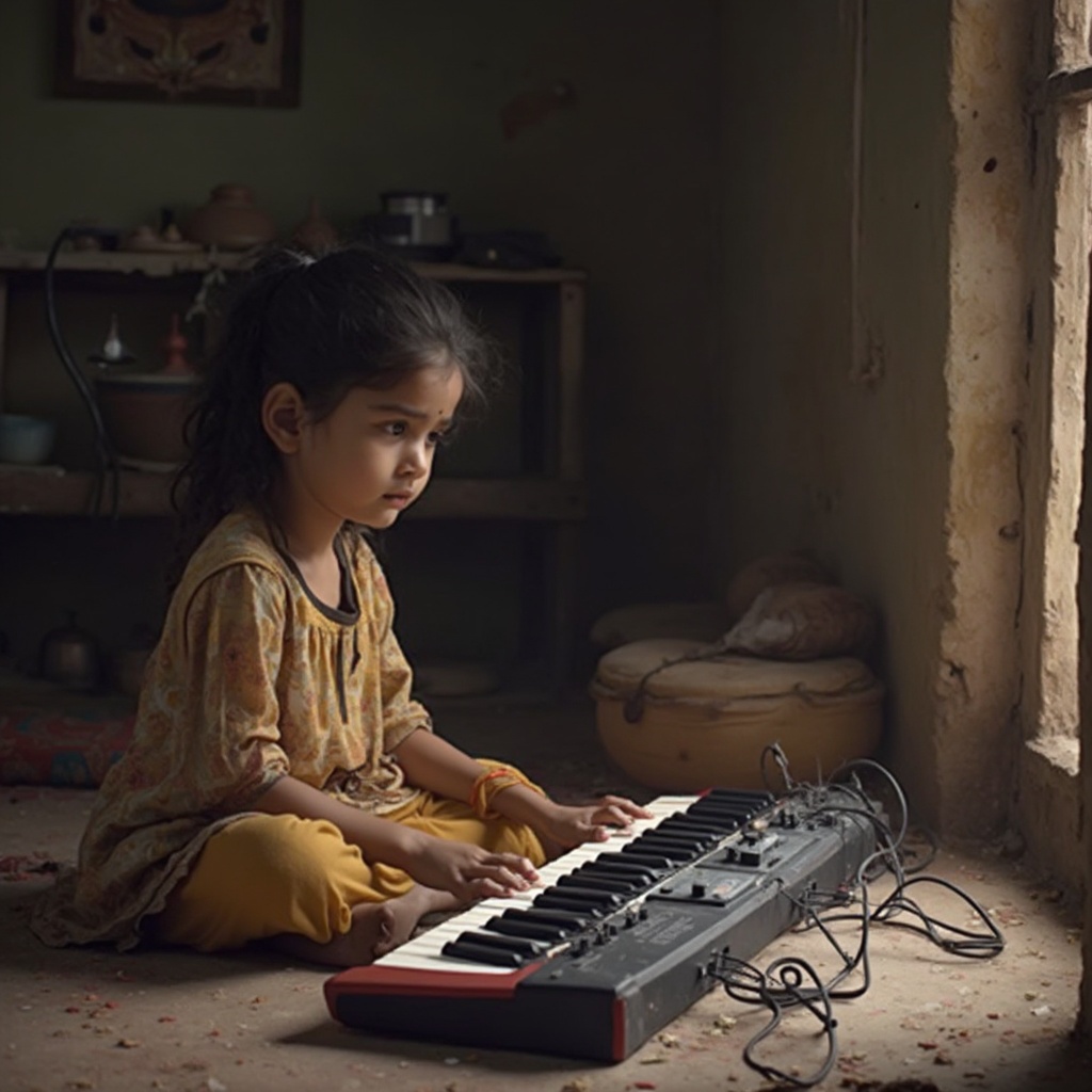 AI generated image by FLUX-Realism-Lora: The scene is in a poor small town home in India with an eager young girl with Indian features learning to play music on a 5 octave Keyboard laid on the floor in the room while the girl sits on the floor.