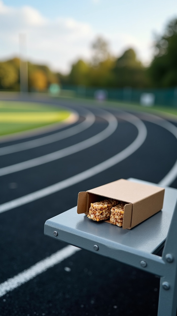 AI generated image by FLUX.1-pro: A realistic photograph of a small box of granola bars sitting on an angled metal bench with a running track in the background. The bench with the box should take up the lower right corner of the composition, while the track and scenery takes up the upper left two thirds of the composition. The running track is made of black rubber turf with white stripes, and the curved part of the track is what is visible to the camera. The photo should include sky and trees off in the far distance with lens blur, while the granola bar box and the bench should be in full focus. 