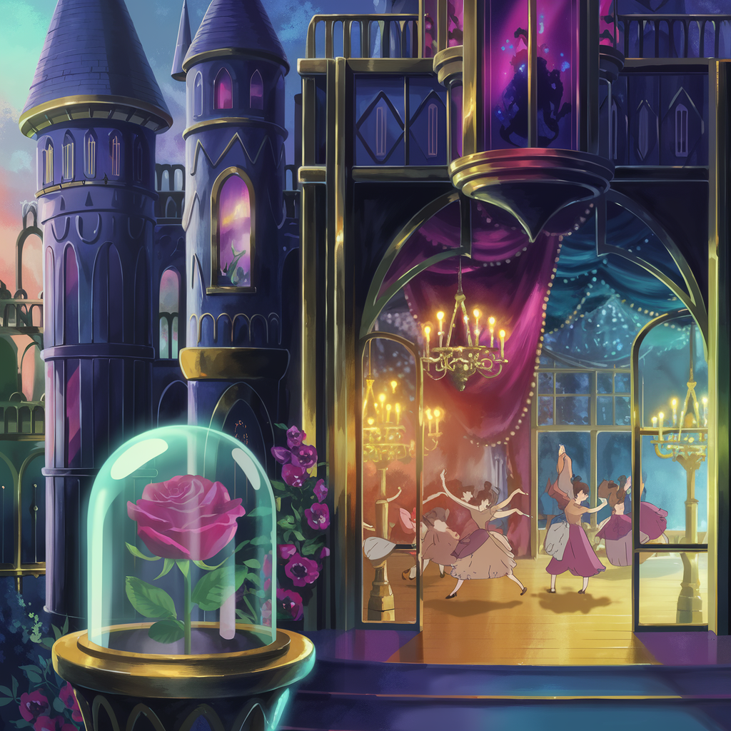 AI generated image by ideogram 2.0: Viral concept art in 4K quality, in the style of digital illustration inspired by Beauty and the Beast, featuring the enchanted castle with its intricate details, the iconic rose in a glass dome, and a magical ballroom scene. The atmosphere should be romantic and mystical, with warm lighting and vibrant colors, --v5 –stylize 1000