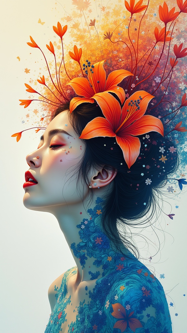 AI generated image by FLUX.1:  abstract japanese female embodying beauty captured in a highly detailed colored drawing style reminiscent of minjae lee, exstacy, delight, hope, light, sunbathing,blue lily tatoo, sophisticated, hyperrealistic portrait, uplifting, dynamic sunlight, feeling of freedom, highly detailed,  