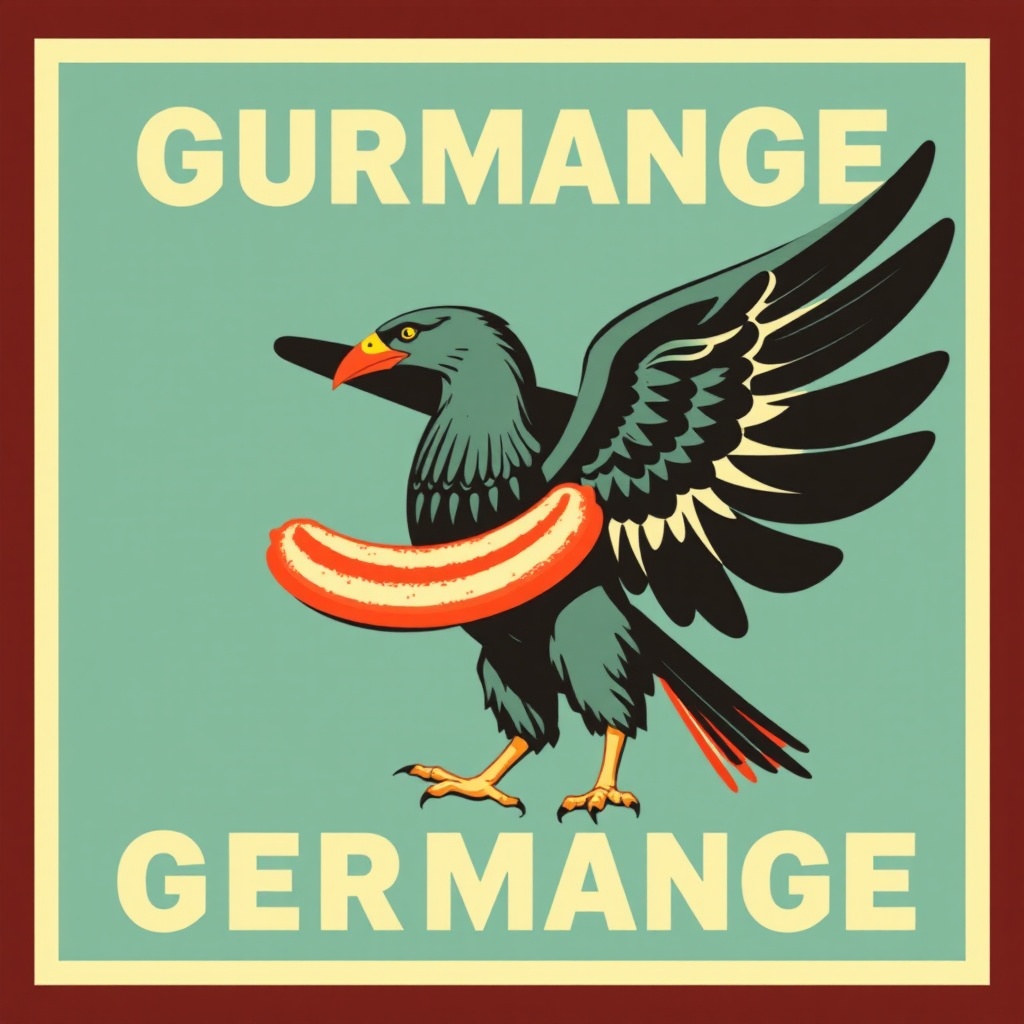 AI generated image by FLUX.1-schnell: Please create a campaign poster in the style of Shepard Fairey campaign poster for obama. The motive is a German Bundesadler holding a sausage. 