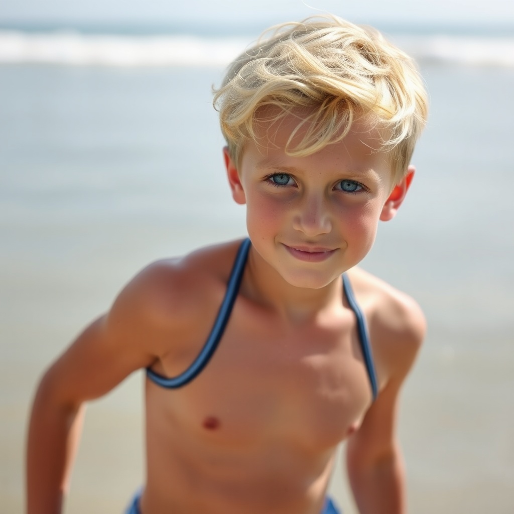 AI generated image by FLUX.1-schnell: garçon de huit ans blond aux yeux bleu en maillot de bain sur la plage