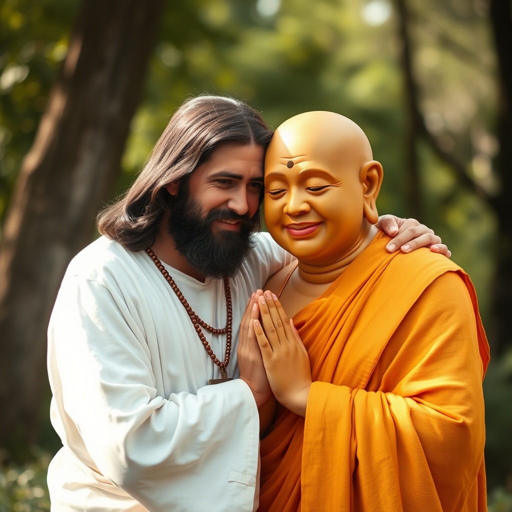 AI generated image by FLUX.1-schnell: Jesus and the buddha Gautama hugging, photo realistic, bright outdoors in a natural setting