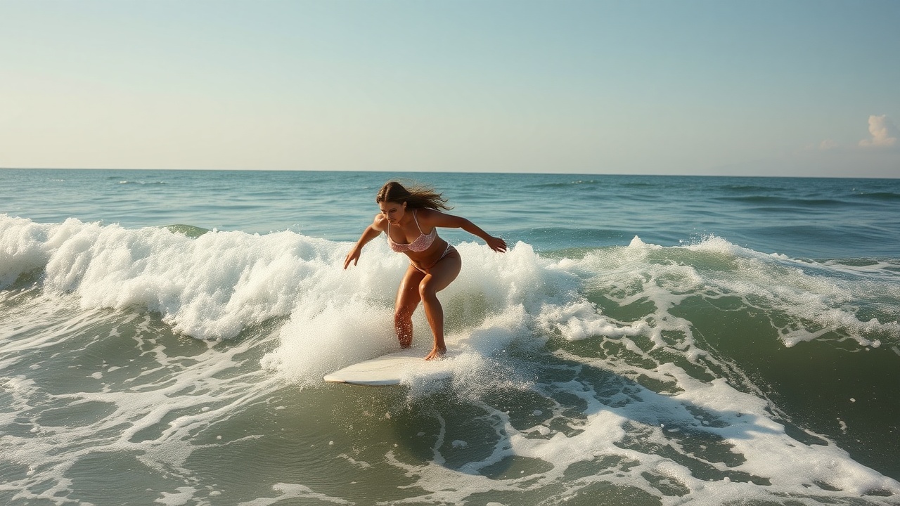 AI generated image by FLUX.1-schnell: hyperrealistic devotion to female ocean surfing