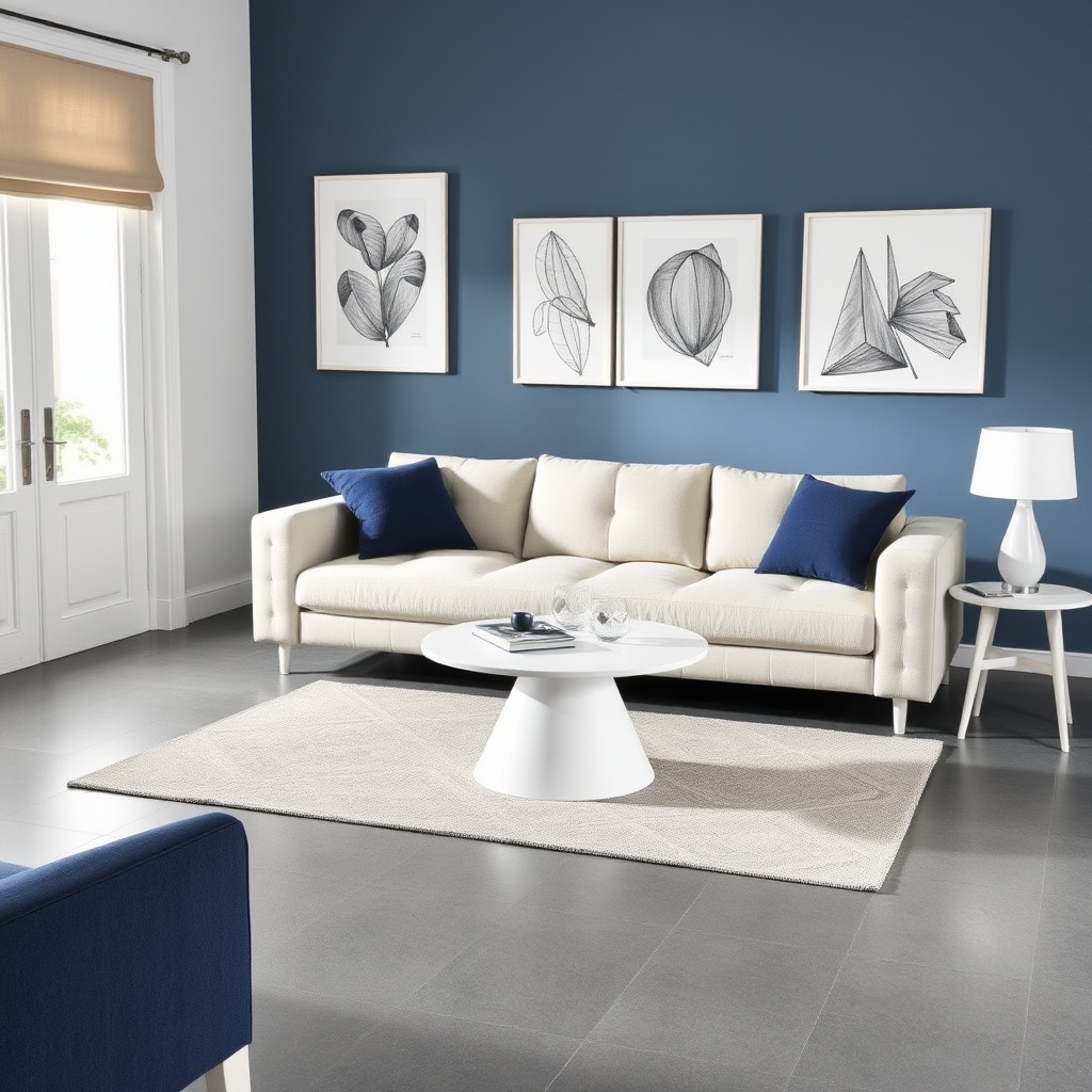 AI generated image by FLUX.1-schnell: soggiorno moderno minimalista con pavimento in resina grigio chiaro, divano a 3 posti con penisola in tessuto blu navy, tavolino bianco, tappeto in vinile con motivi geometrici, mensole con libri e quadri appesi alle pareti, pareti azzurre chiaro e celeste, porta finestra bianca con tende veneziane color crema, accessori e complementi arredo di colore bianco completano il soggiorno.