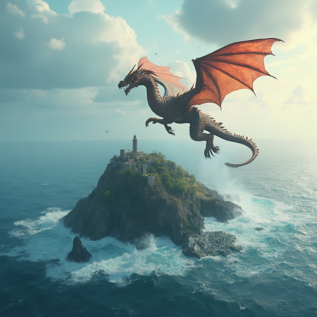 AI generated image by FLUX-Realism-Lora: dragon flying above sea water and island