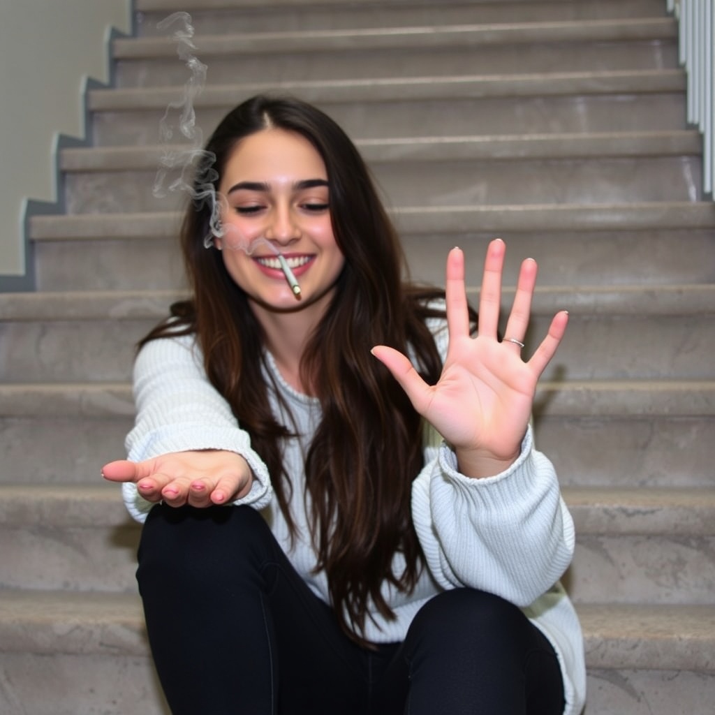 AI generated image by FLUX.1-schnell: A young woman is sitting on a stair case and is smiling as she smokes a joint and holds her left hand out. From her palm a small flame is coming out.